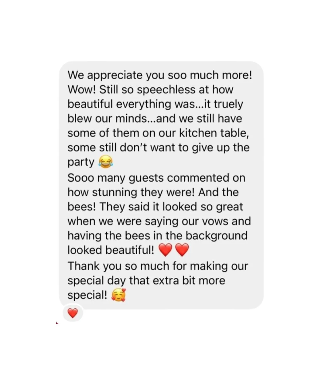 Screenshot of a heartfelt message praising someone's speech and appearance, mentioning bees and a party, with several emojis including hearts, a laughing face, and a blowing kiss.