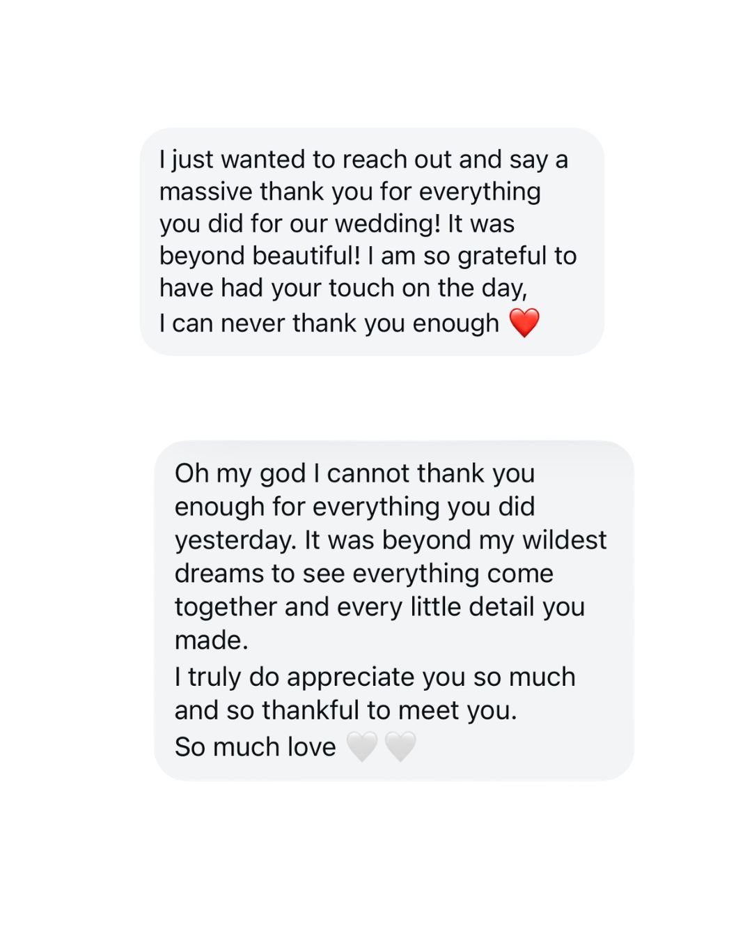 Screenshots of heartfelt text messages thanking a wedding planner for her efforts and expressing gratitude for her help and support during and after the wedding.
