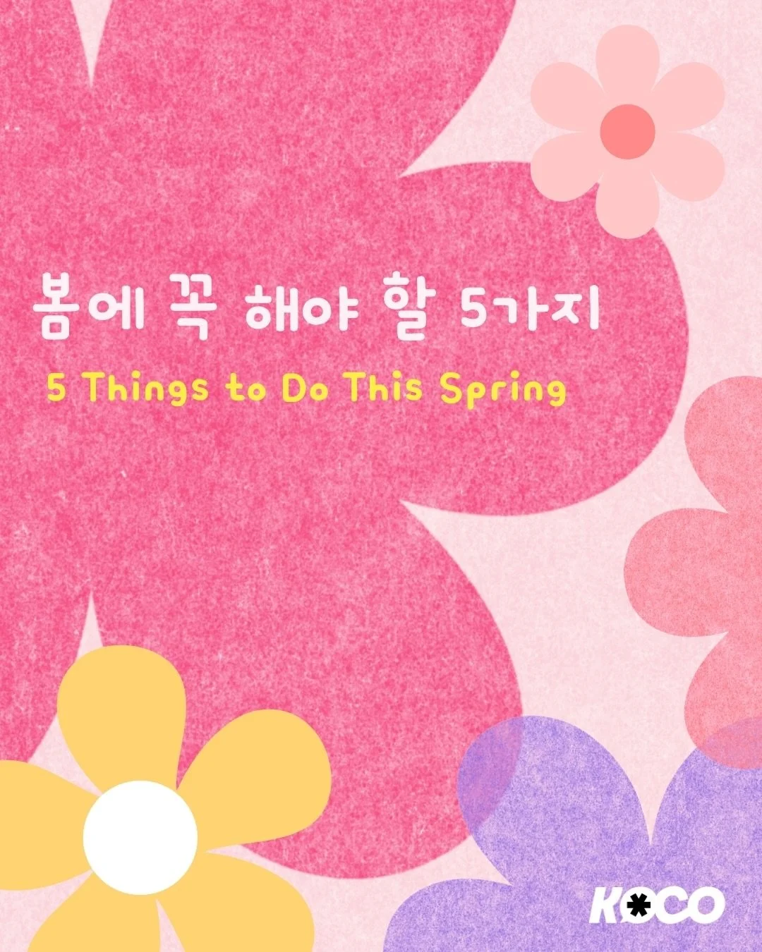 ✏️KOCO Korean
봄이 왔어요 🌸
지금 이 계절에 꼭 해보면 좋은 다섯 가지!

Spring has officially sprung 🌷
Here are 5 things you should do this spring!

#kocokorean #spring #봄 #🌸 #learnkorean