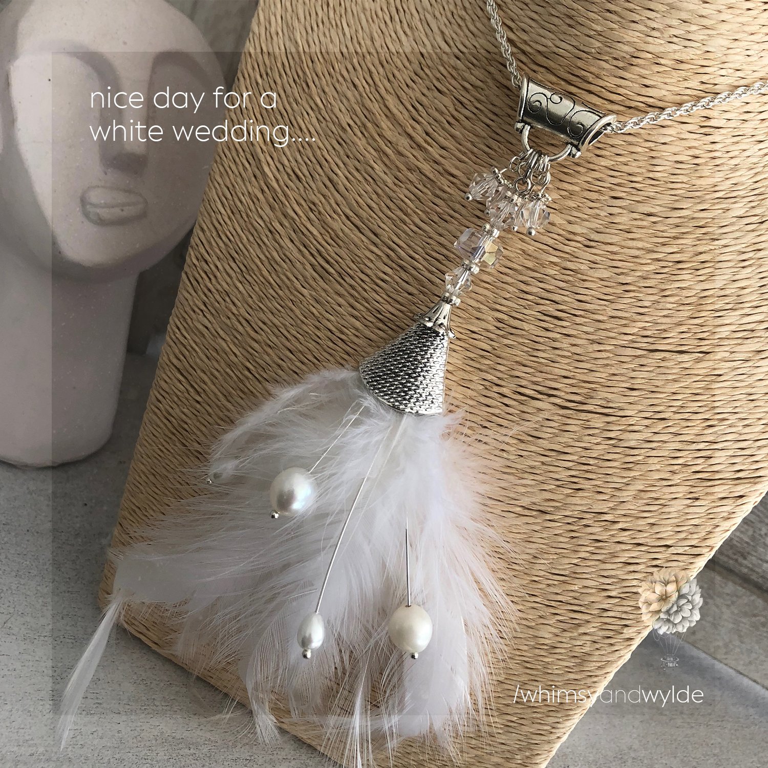 White wedding feather pendant, silver and clear crystals