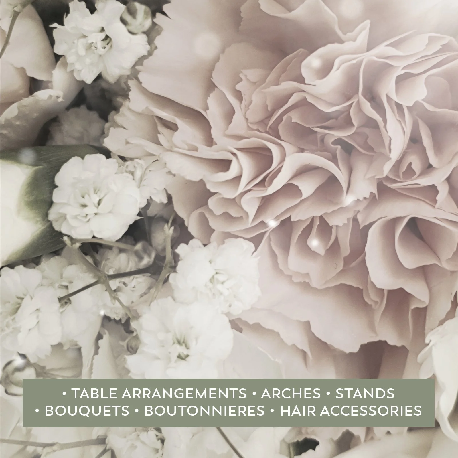 image showing offerings including • TABLE ARRANGEMENTS • ARCHES • STANDS • BOUQUETS • BOUTONNIERES • HAIR ACCESSORIES