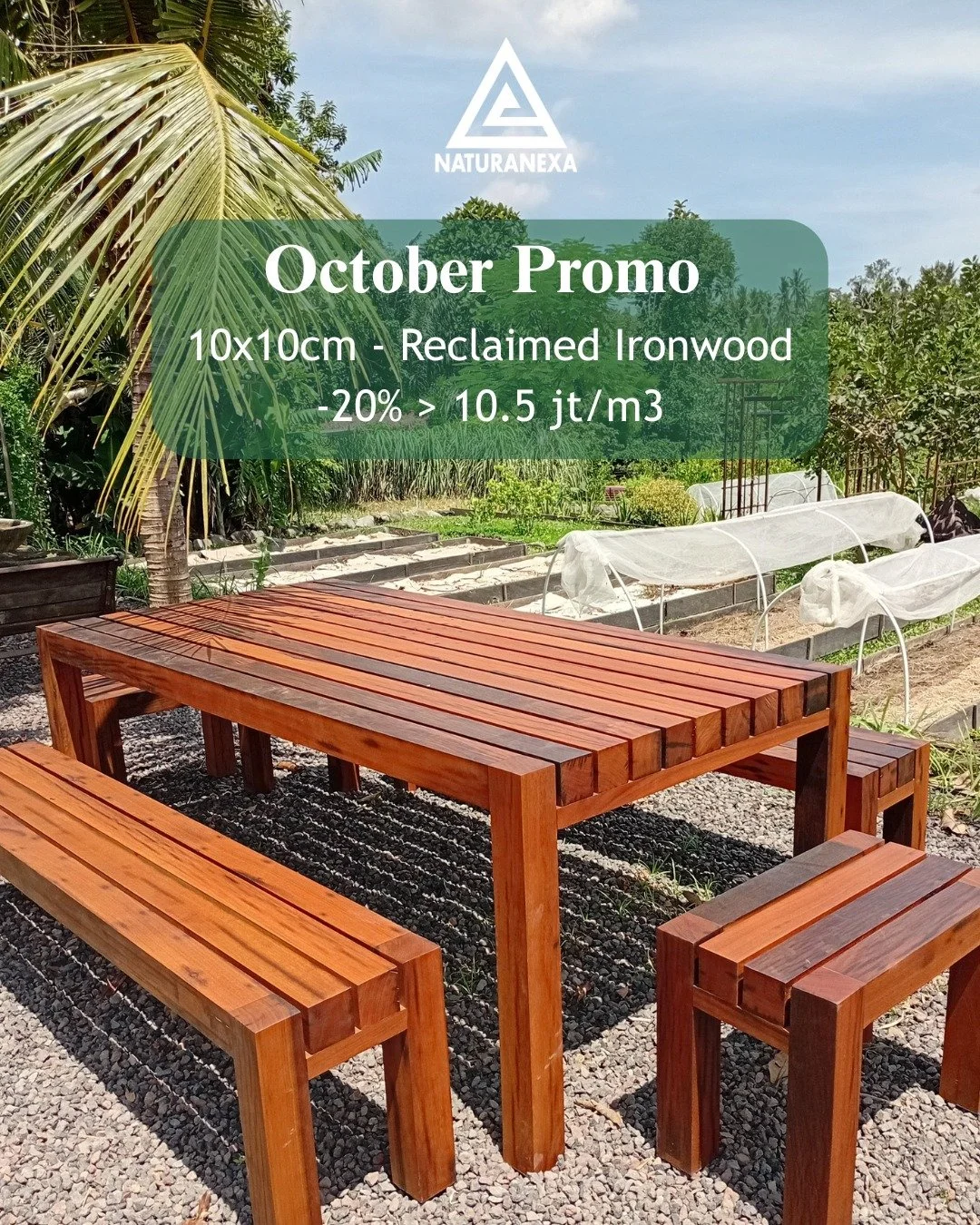 This picnic table and benches? 🌿 They started as simple 10x10 cm reclaimed ironwood beams.
Strong, timeless, and full of character &mdash; the possibilities are endless.

✨ October Promo ✨
20% OFF &rarr; Only 10.5jt/m&sup3;
15m&sup3; available.

So,