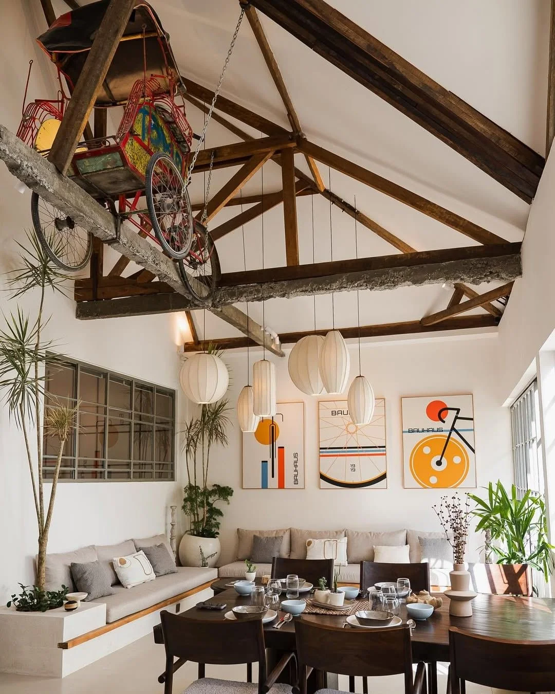 Only thanks to @re.vive.bali  could you look up and find a becak hanging from the ceiling on strong reclaimed ironwood beams!&mdash; and of course, it just works! 🚲✨

Revive has been a long-time friend of Naturanexa and our parent company Kaltimber,