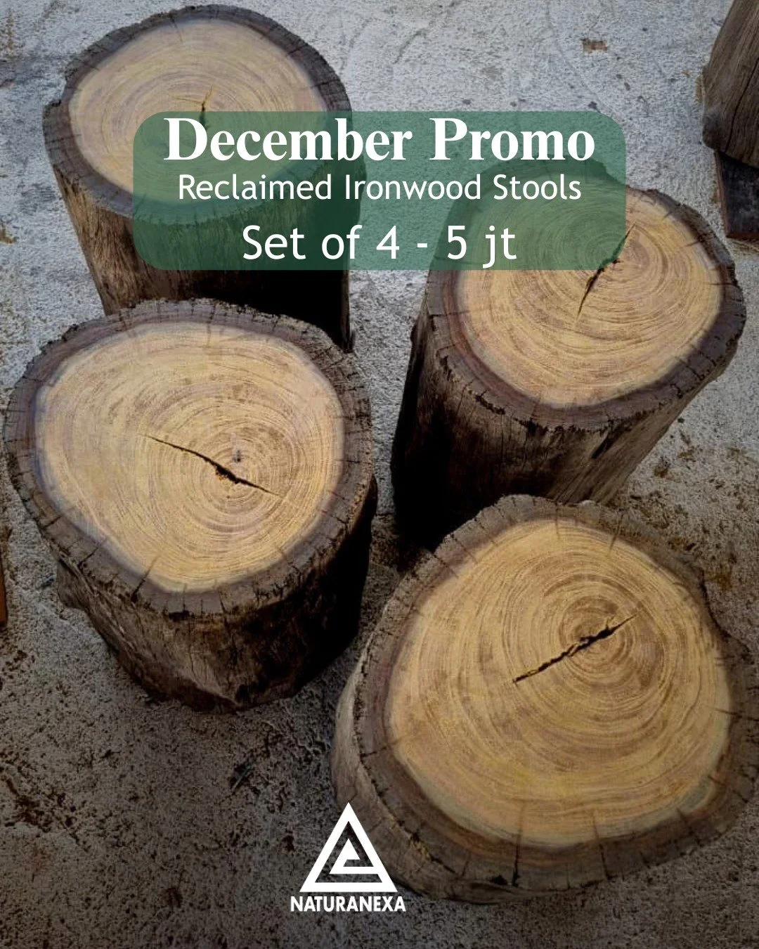 Bring home the warmth of reclaimed Ulin this December.
Our Set of 4 Reclaimed Ironwood Stools is now only 5 jt &mdash; durable, timeless, and crafted from 100% recycled Kalimantan ironwood.
✨ Limited stock, perfect for home or caf&eacute;.

#Naturane