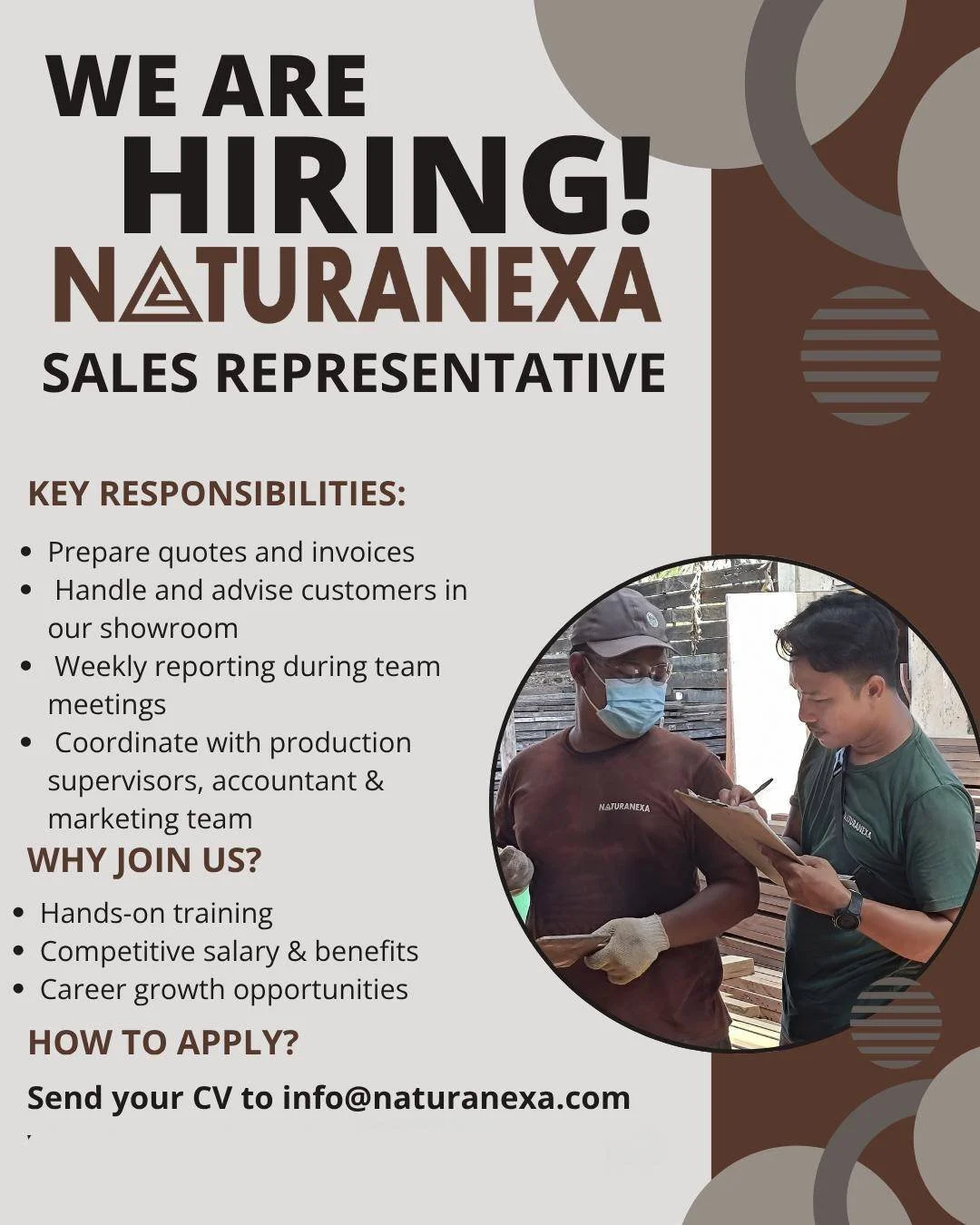 📢 WE ARE HIRING &ndash; SALES REPRESENTATIVE (IN-HOUSE) 📢
📍 Location: Gianyar, Bali
Naturanexa is looking for a motivated and organized Sales Representative to join our team! No specific experience required &ndash; full training provided.
🛠️ Main