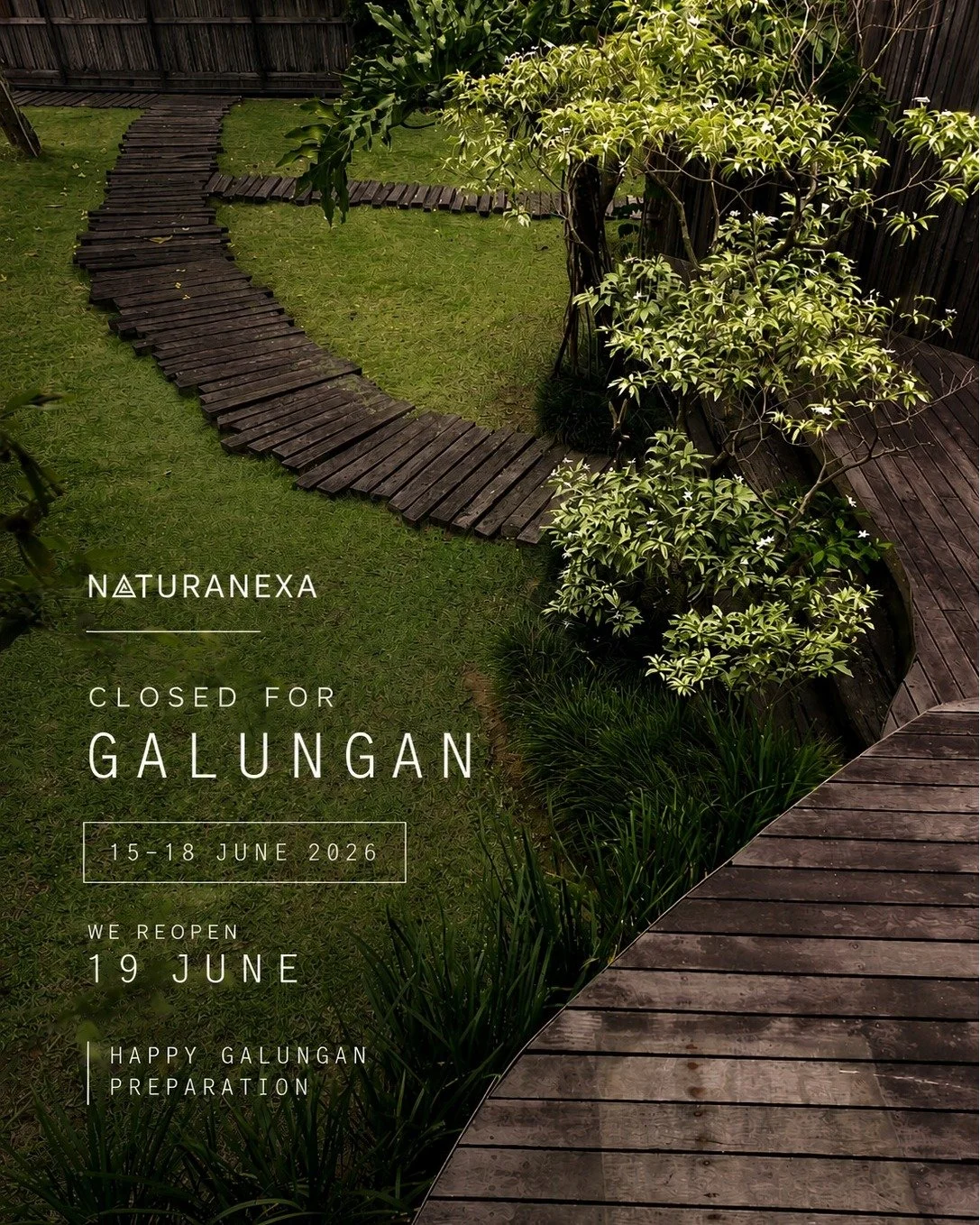 Good materials age well.

Good traditions do too.

As Bali prepares for Galungan, we'll be taking a short break to spend time with family and honour traditions that have been passed down through generations.

Naturanexa will be closed from 15&ndash;1