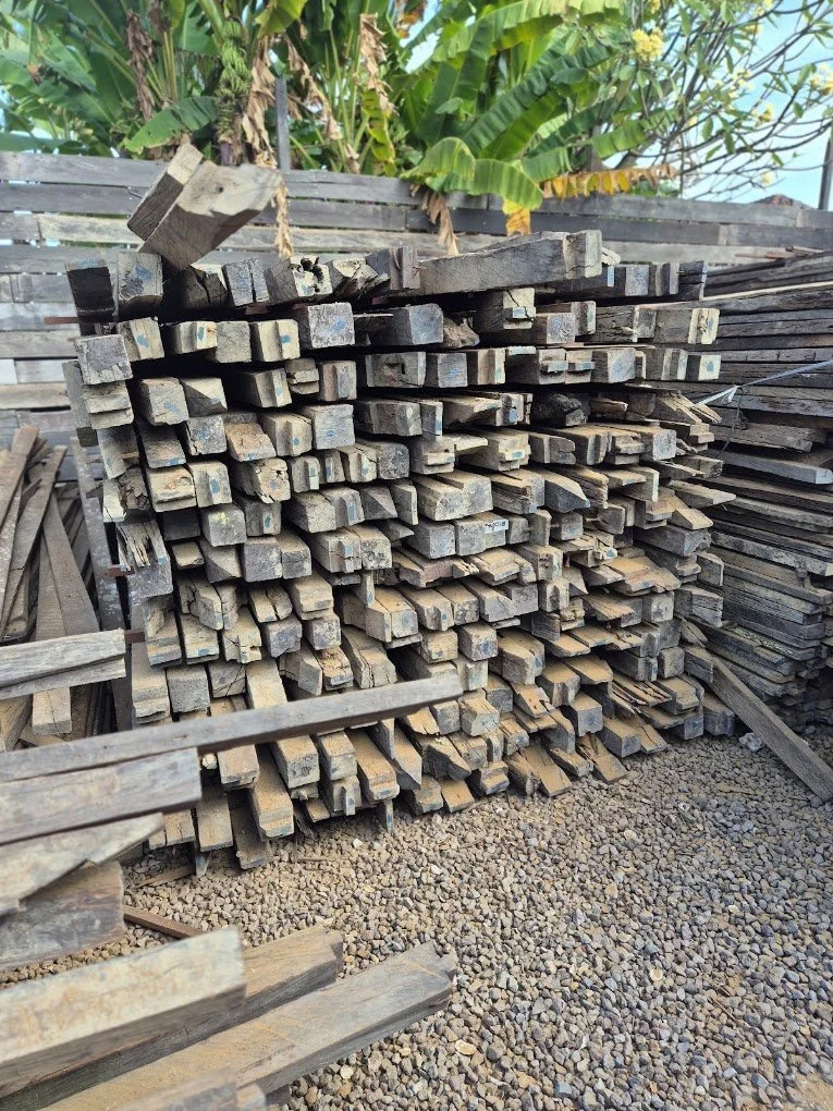Stacked reclaimed Ulin structural beams and posts