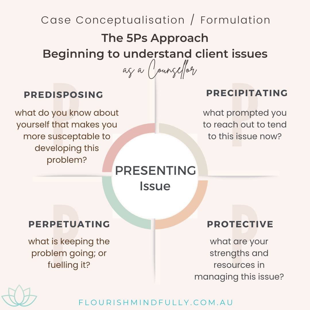 Latest Blog - The 5Ps model for case conceptualisation.

I really like the simplicity of this model for gathering important information in understanding a client's issue in the context of their life and their unique experiences.
While counsellors use