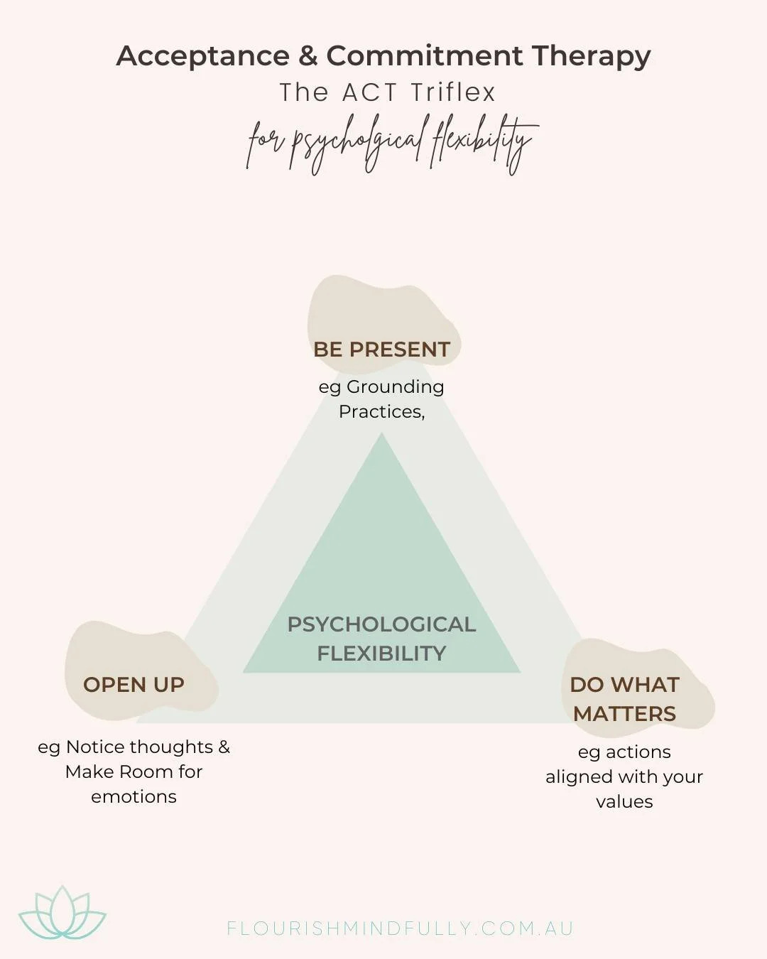 🔽 Embrace the ACT Triflex 

A simple, powerful roadmap for cultivating psychological flexibility; to help you move through life with awareness, openness, and purpose. 🌿
Each point of the Triflex holds a key:

1 Be Present 🌸
Anchor yourself in the 