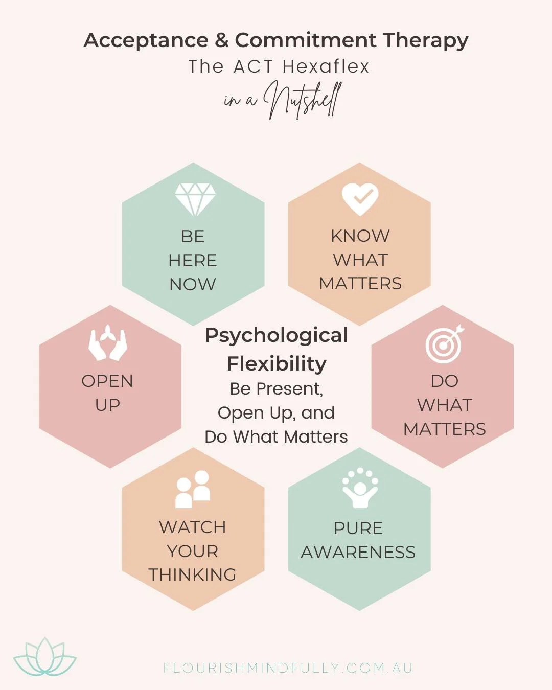 💎 The Diamonds of Psychological Flexibility 💙

The ACT Hexaflex is a map for navigating life with more presence, openness, and purpose. It&rsquo;s the heart of Acceptance and Commitment Therapy, helping you live with awareness and intention, even w