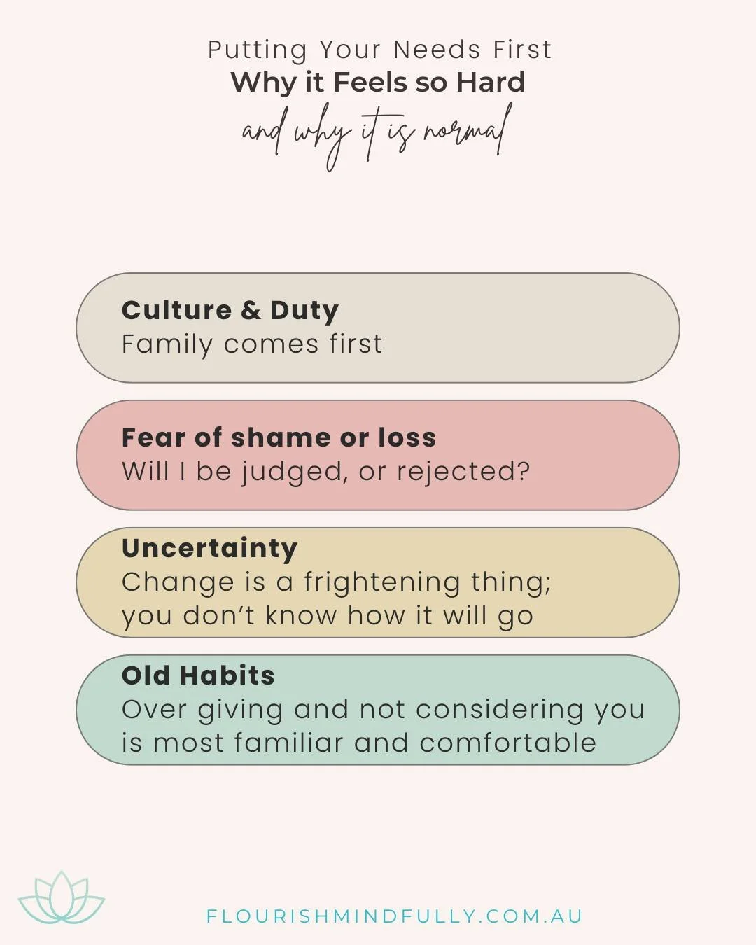Why it can feel so hard to put your needs first (and why it&rsquo;s normal):
&bull;	Culture &amp; duty: family care is sacred
&bull;	Fear of shame or loss: &ldquo;Will I be judged?&rdquo;
&bull;	Uncertainty: change feels scary
&bull;	Old habits: over