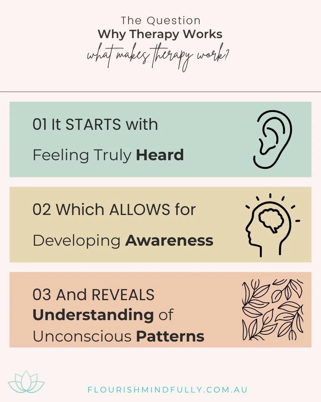 LATEST on the BLOG - 'What Makes Therapy Work'

1. it starts with feeling truly heart
2. which allows for developing awareness
2. and reveals understanding of unconscious patterns

From here, real change is supported through the emotional, mental, or