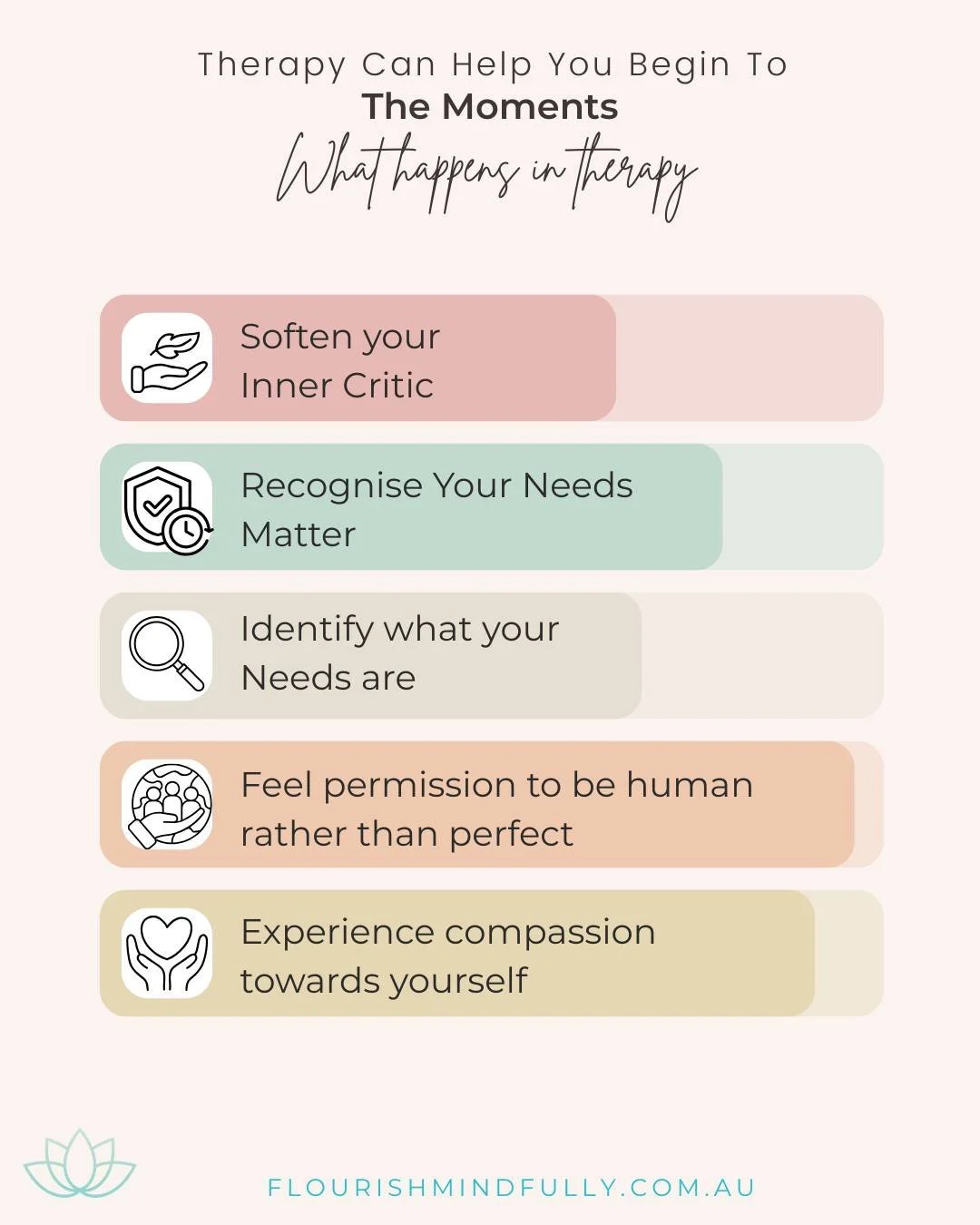 LATEST on the BLOG - 'What Makes Therapy Work'

The Moments - where you begin to

⭐️ Soften your inner critic
⭐️ Recognise your needs matter
⭐️ Identify what your needs are
⭐️ Feel permission to be human rather than perfect
⭐️ Experience compassion t