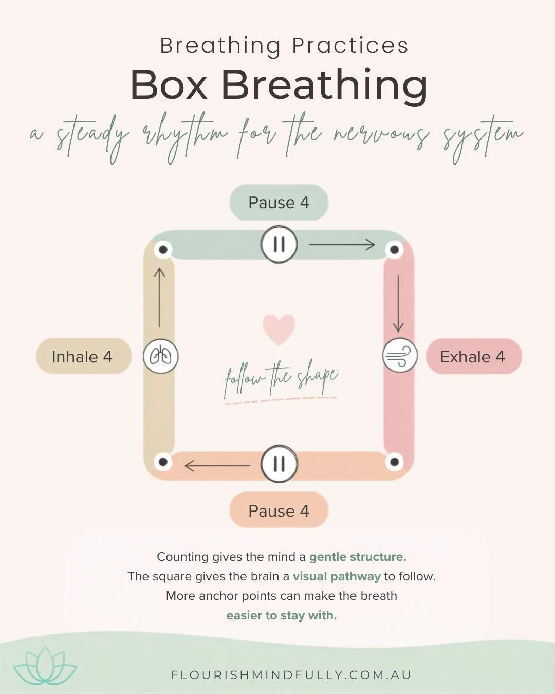 Box Breathing ⬜🫧

The breath is always happening in the background.

Involuntary. Reliable. Quietly keeping us going.

And yet, when we bring gentle awareness to it, we can begin to influence how we feel.

Box breathing gives the breath a shape:
Inh