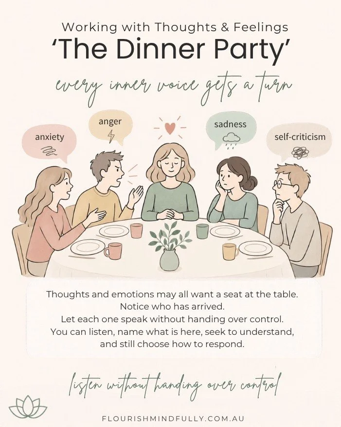 💛 The Dinner Party - a Metaphor

💛 What if you approached your emotions like guests at a dinner party?

Anxiety arrives with concerns. Anger has something to say. Sadness sits quietly, while self-criticism keeps interrupting.

Some guests are easie