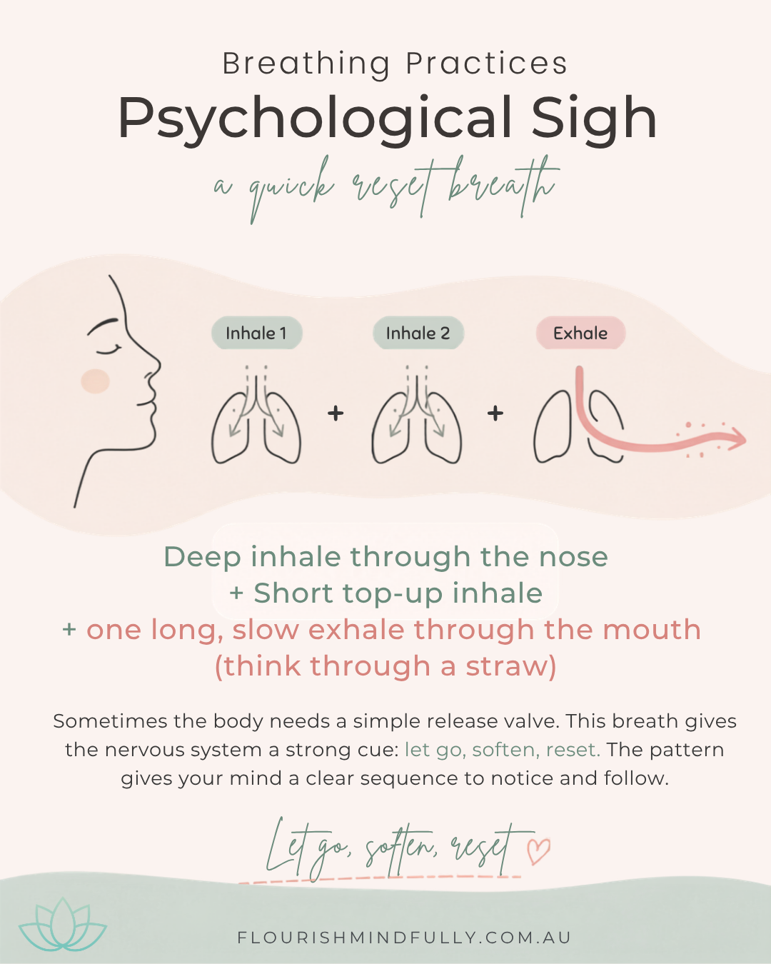 Psychological sigh breathing infographic showing a deep inhale, second shorter inhale and long slow exhale.