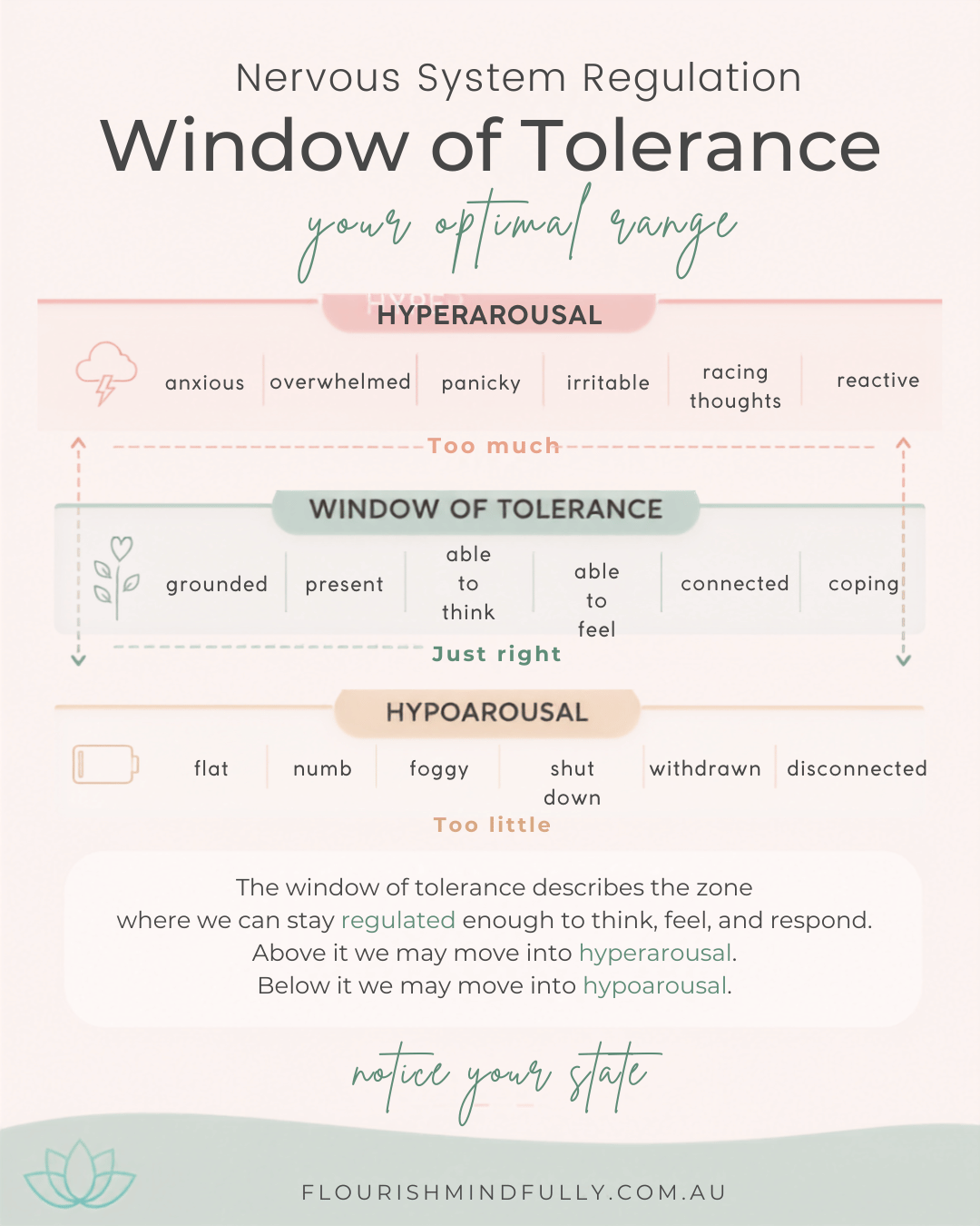 Window of Tolerance diagram showing hyperarousal above the regulated window and hypoarousal below it.