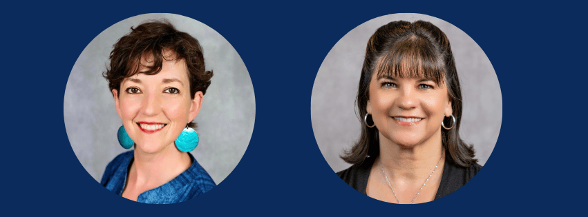 Two women with short brown hair, smiling, in circular frames against a blue background.