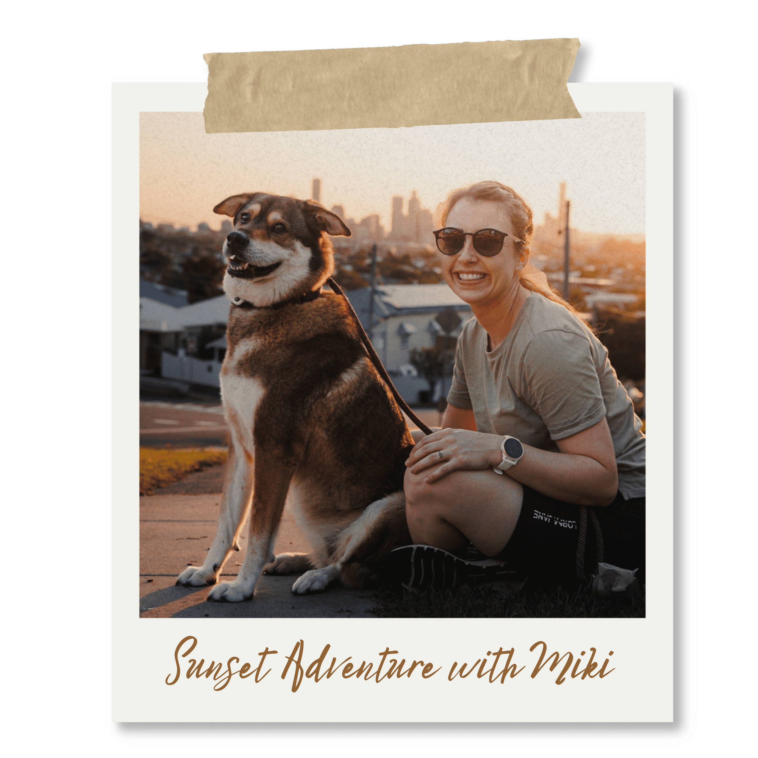 A woman with sunglasses smiling next to a large dog, possibly a Husky, with a city skyline in the background during sunset.