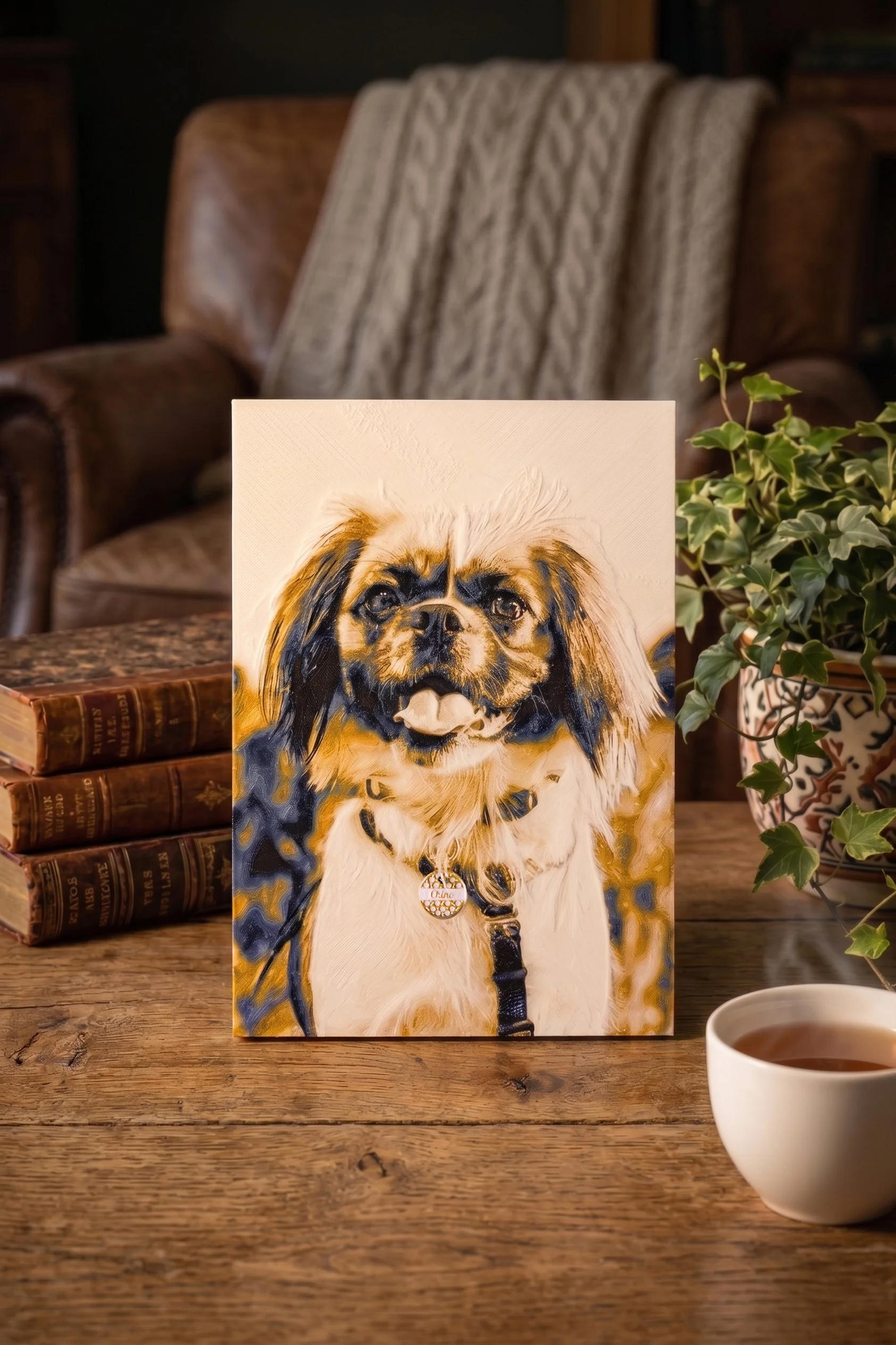 A6 multi-colour 3D-printed filament painting of a dog with realistic fur texture and artistic colour blending.