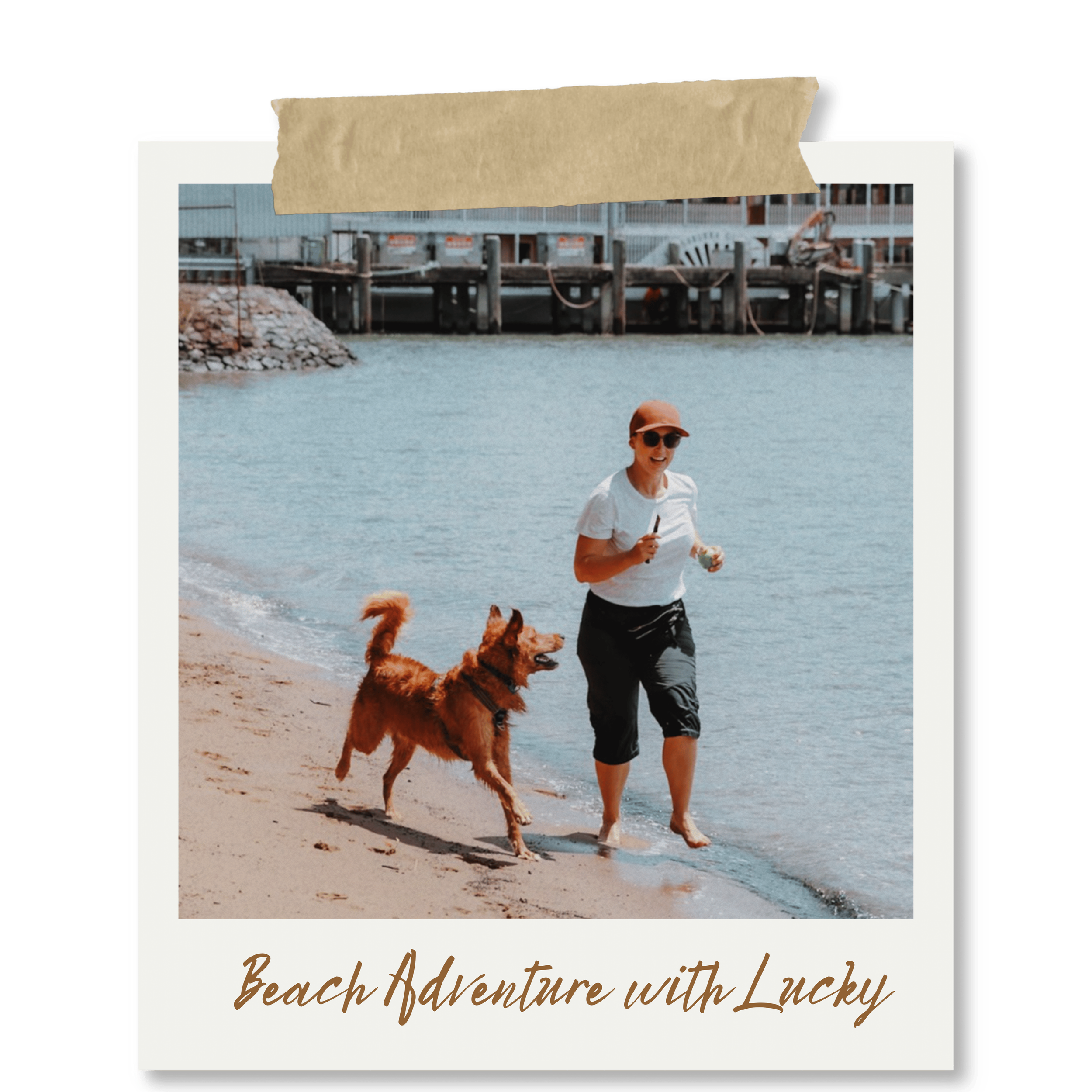 A person jogging on the beach with a dog, near a wooden pier and ocean. The image is partially overlaid with a paper texture and the text 'Beach Adventure with Lucky' in cursive.