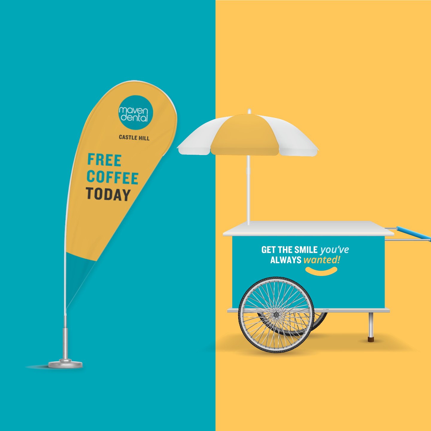 Maven Dental coffee cart activation tear drop banner and cart