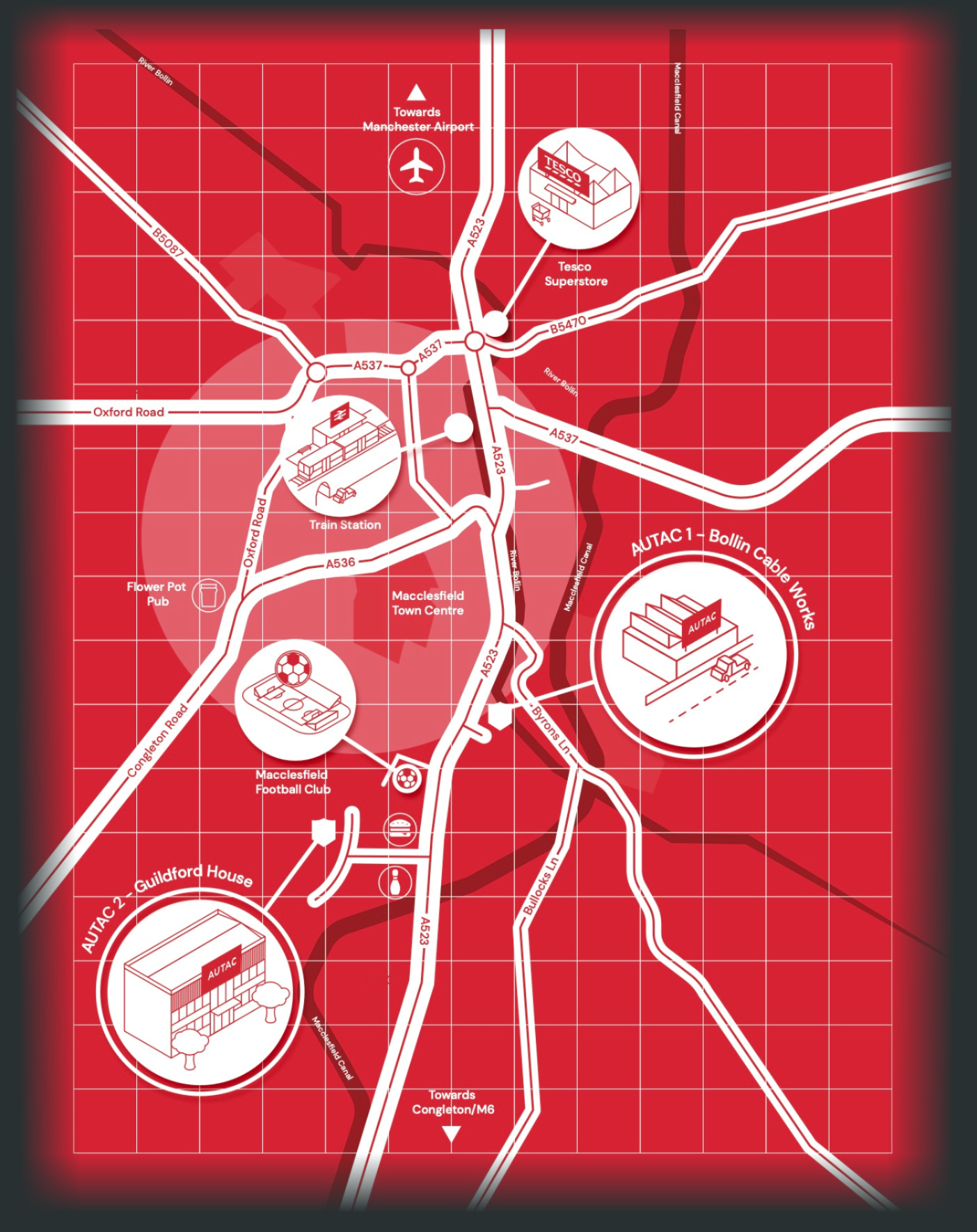 Map of Macclesfield showing roads, landmarks, and construction sites, with icons for sports, shopping, and transport, on a red background.