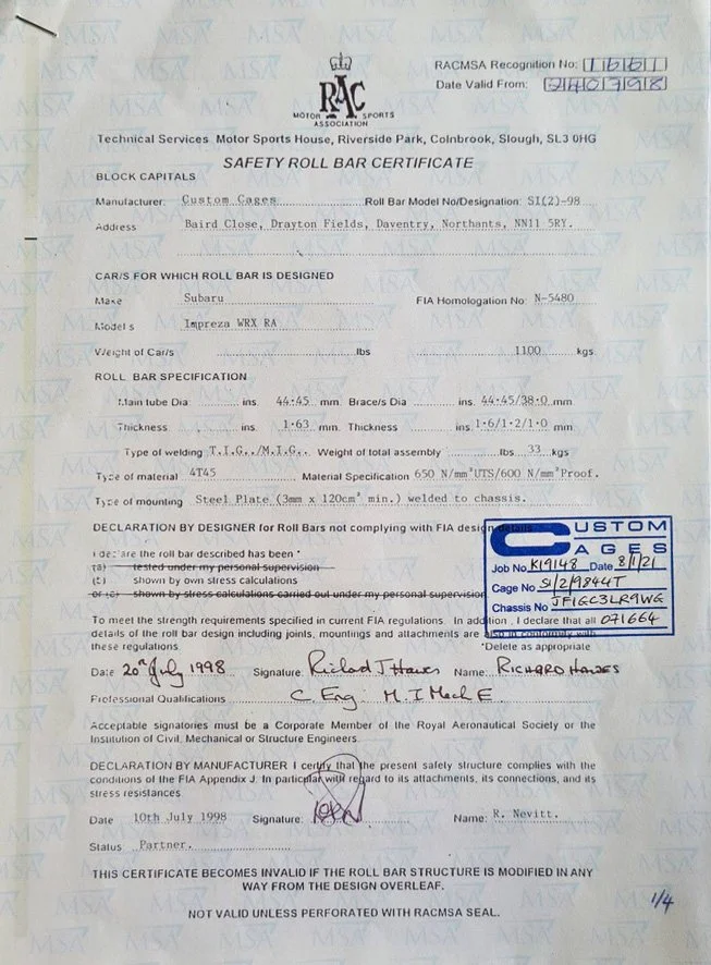 SUBARU WRC P2000 PROJECT ROLL CAGE FIA CERTIFCATE