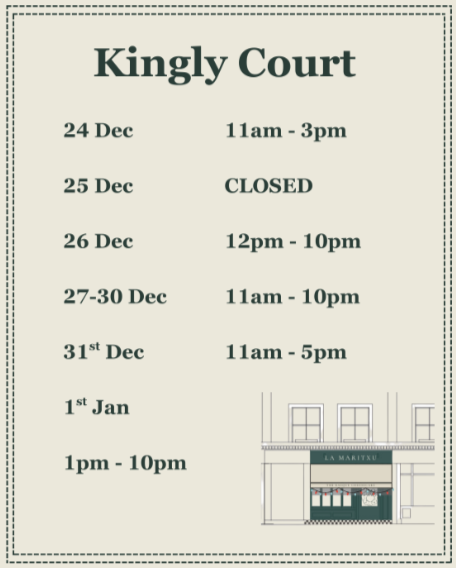 A schedule for Kingly Court with dates and opening hours from December 24 to January 1, including specific dates closed or opening hours, and a small illustration of a storefront at the bottom.