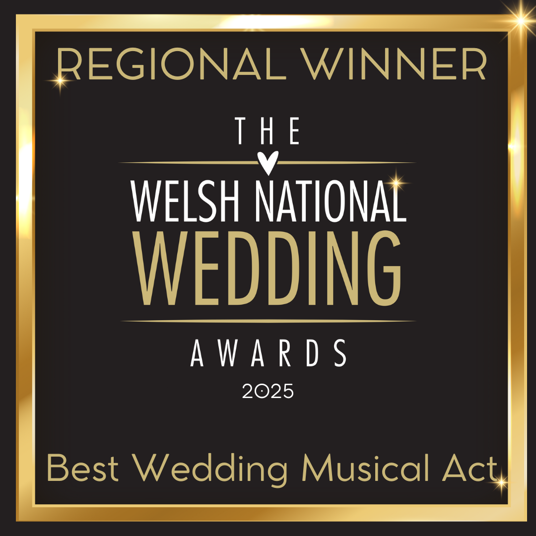 A black and gold award plaque for the Welsh National Wedding Awards 2025, recognizing the best wedding musical act as a regional winner.