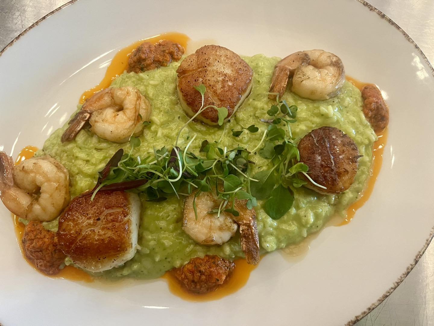 Don&rsquo;t miss this evening and tomorrow&rsquo;s feature: Pan-Seared Shrimp and Scallops on a bed of Roasted Poblano Risotto finished with a Sun-Dried Tomato Chimichurri.