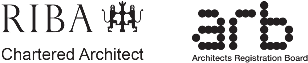 RIBA logo with a stylized building symbol and text reading "Chartered Architect" and the Architects Registration Board logo with the letters "ARB" made of dots.
