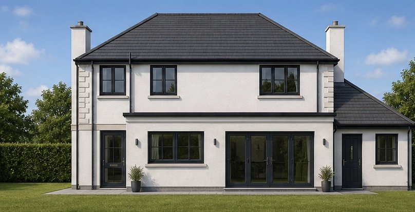 Modern two-story white house with black framed windows and doors, gray roof, and a lawn in front.