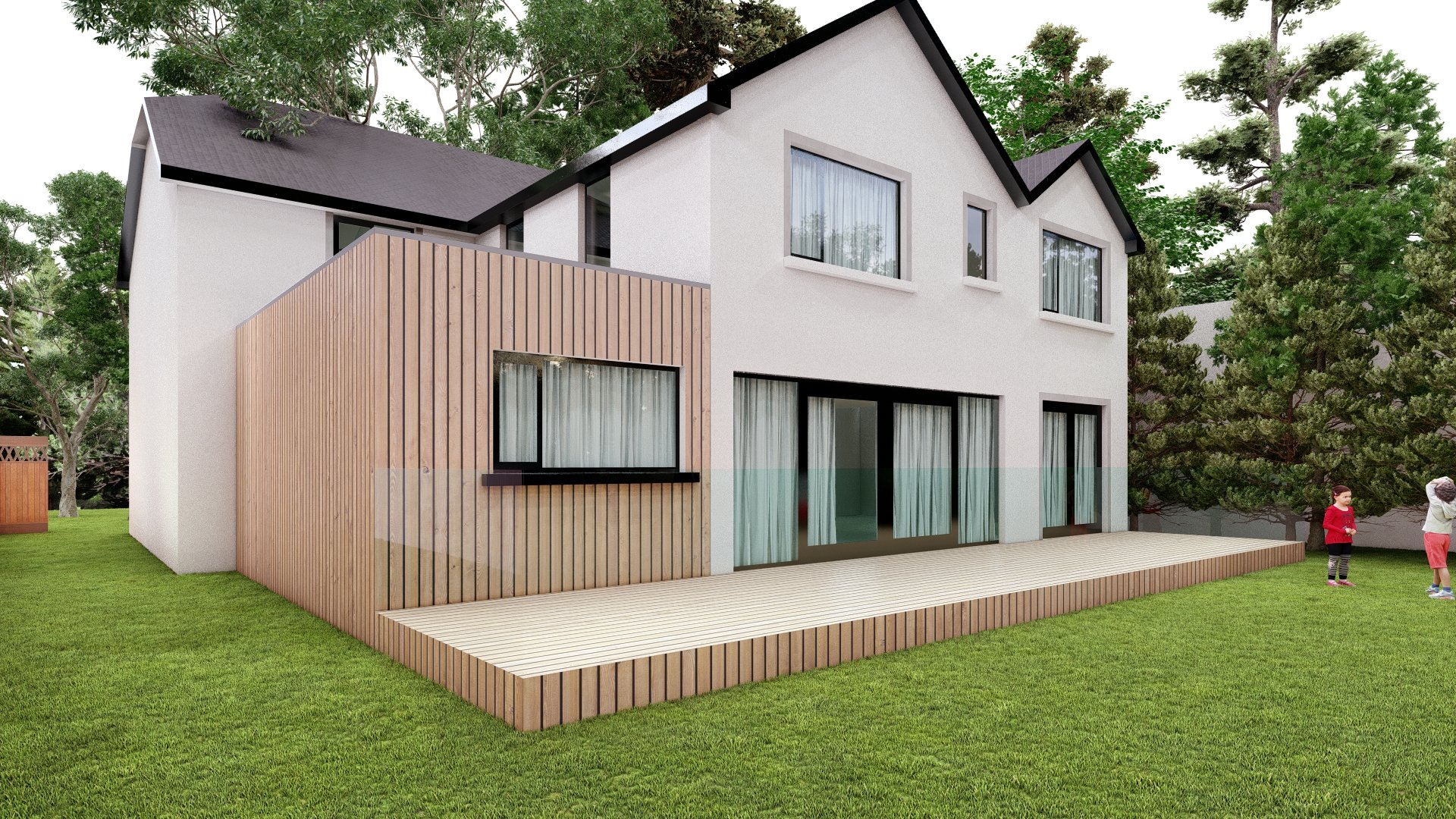 A modern, two-story house with white exterior walls, black roof, and large windows, featuring a wooden deck in the backyard. Two children are playing on the grass near the house, with trees surrounding the yard.