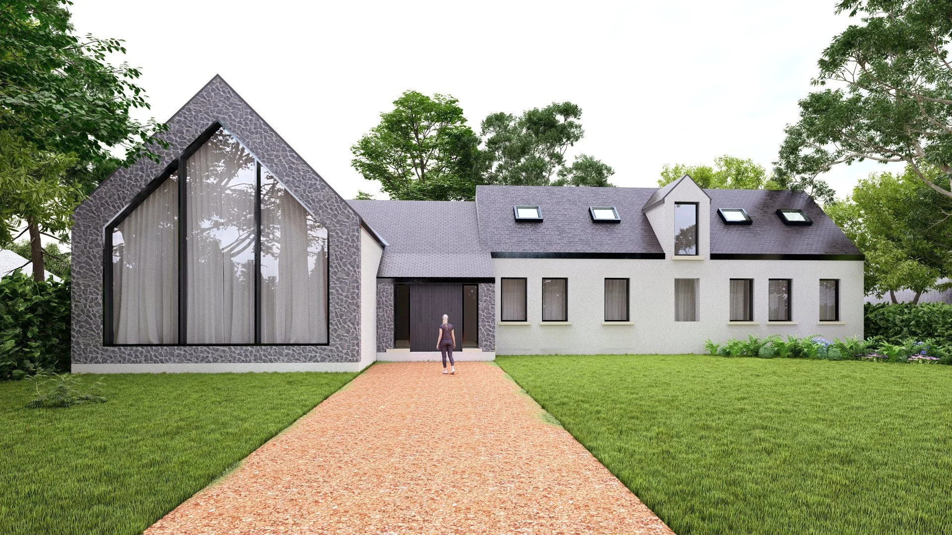 Modern house with a stone and white exterior, multiple windows, a sloped roof with skylights, surrounded by green trees and a lawn, with a person walking towards the entrance.