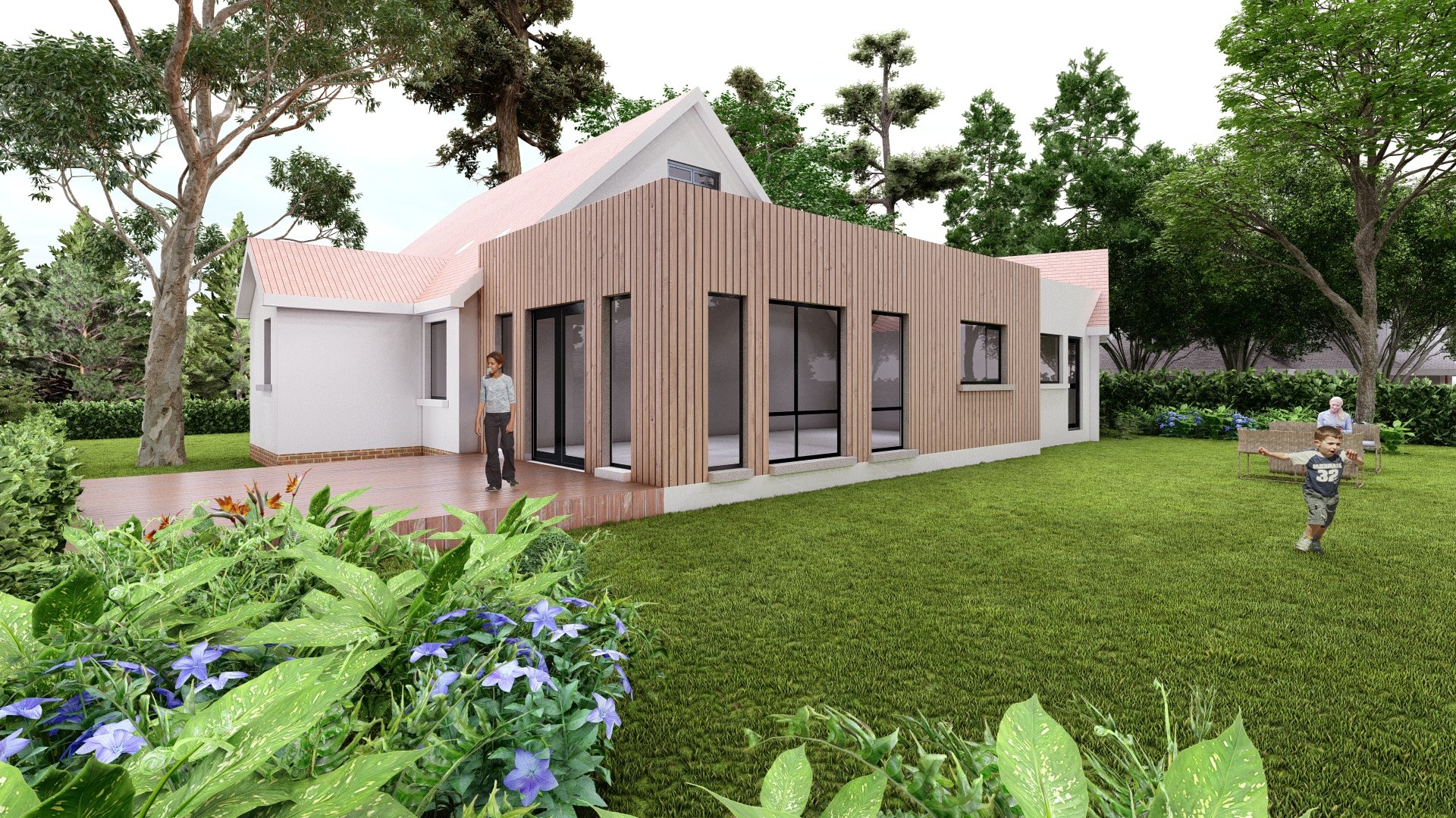 A modern house with wooden and white exterior walls, large glass sliding doors, and a sloped roof, surrounded by lush greenery and a well-maintained lawn. There are people, including children, enjoying the backyard.