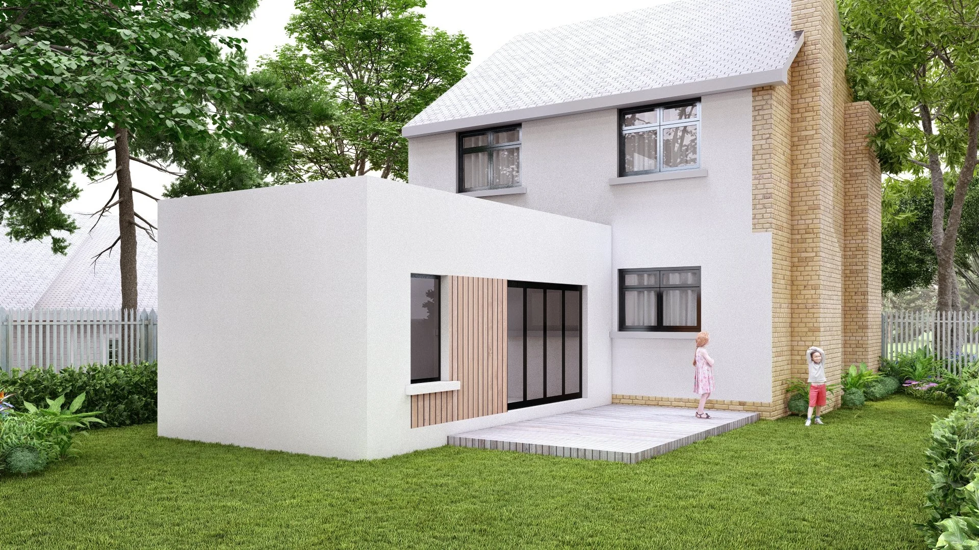 Modern two-story house with white exterior walls, large windows, and a brick chimney. There is a wooden accent wall near the entrance and a small wooden deck. The house is surrounded by greenery, including trees, bushes, and a lawn. Two children are playing outside.