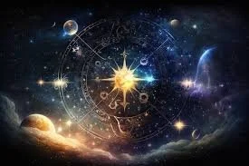 A cosmic scene featuring planets, stars, and a bright sun at the center, with celestial objects and zodiac symbols surrounding it in space.