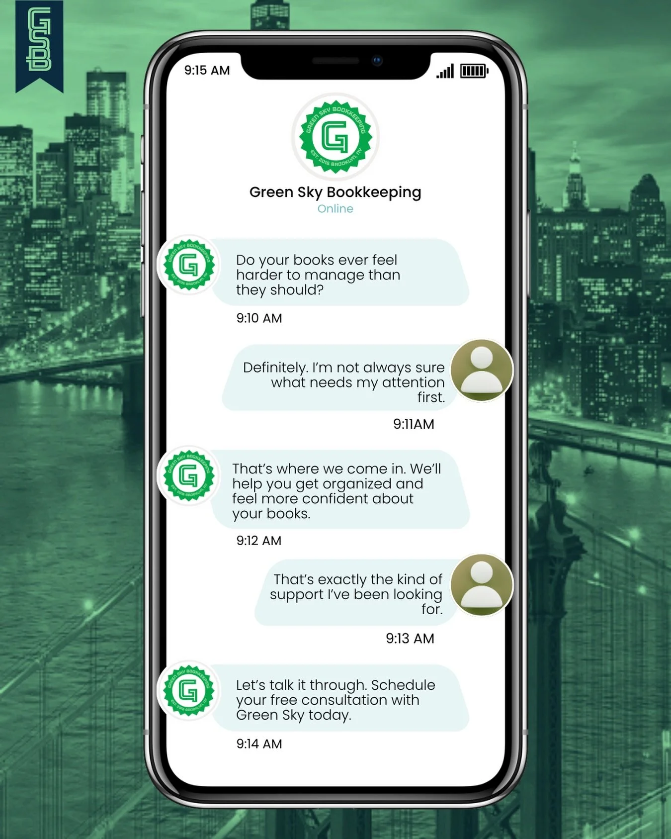 Not sure what needs your attention first when it comes to your books?

Start with a free consultation call with Green Sky Bookkeeping. We&rsquo;ll talk through where you are, what support you may need, and how we can help you feel more organized and 