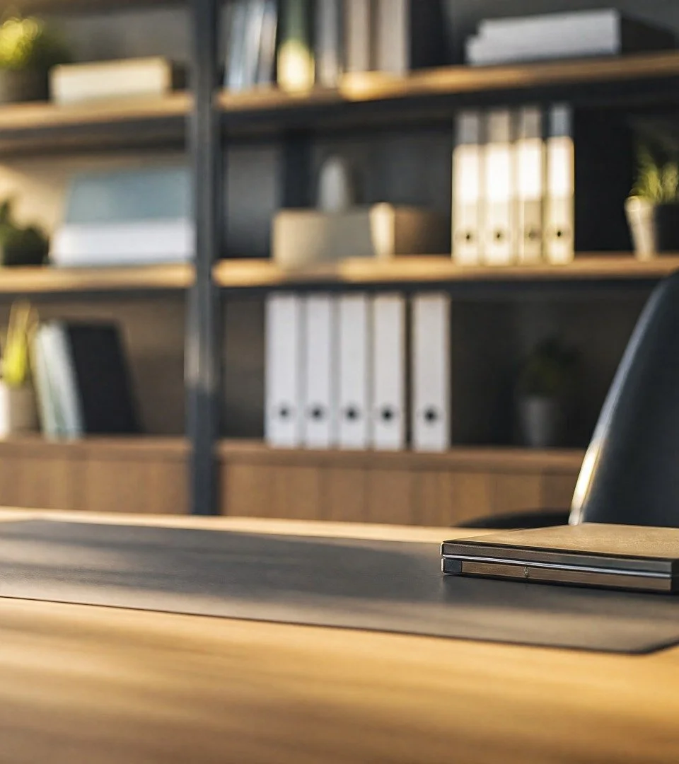 Office workspace with a closed laptop on a wooden desk and a black chair, background features a bookshelf with various binders and books.
