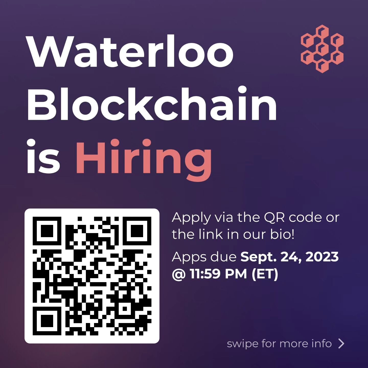 ‼️ We have open positions for Fall 2023 ‼️

🔥 Free travel? Exclusive team swag? Network with industry leaders? These are a few of the many reasons to apply and become part of the Waterloo Blockchain team! 

👀 Swipe right or click the link in the bi