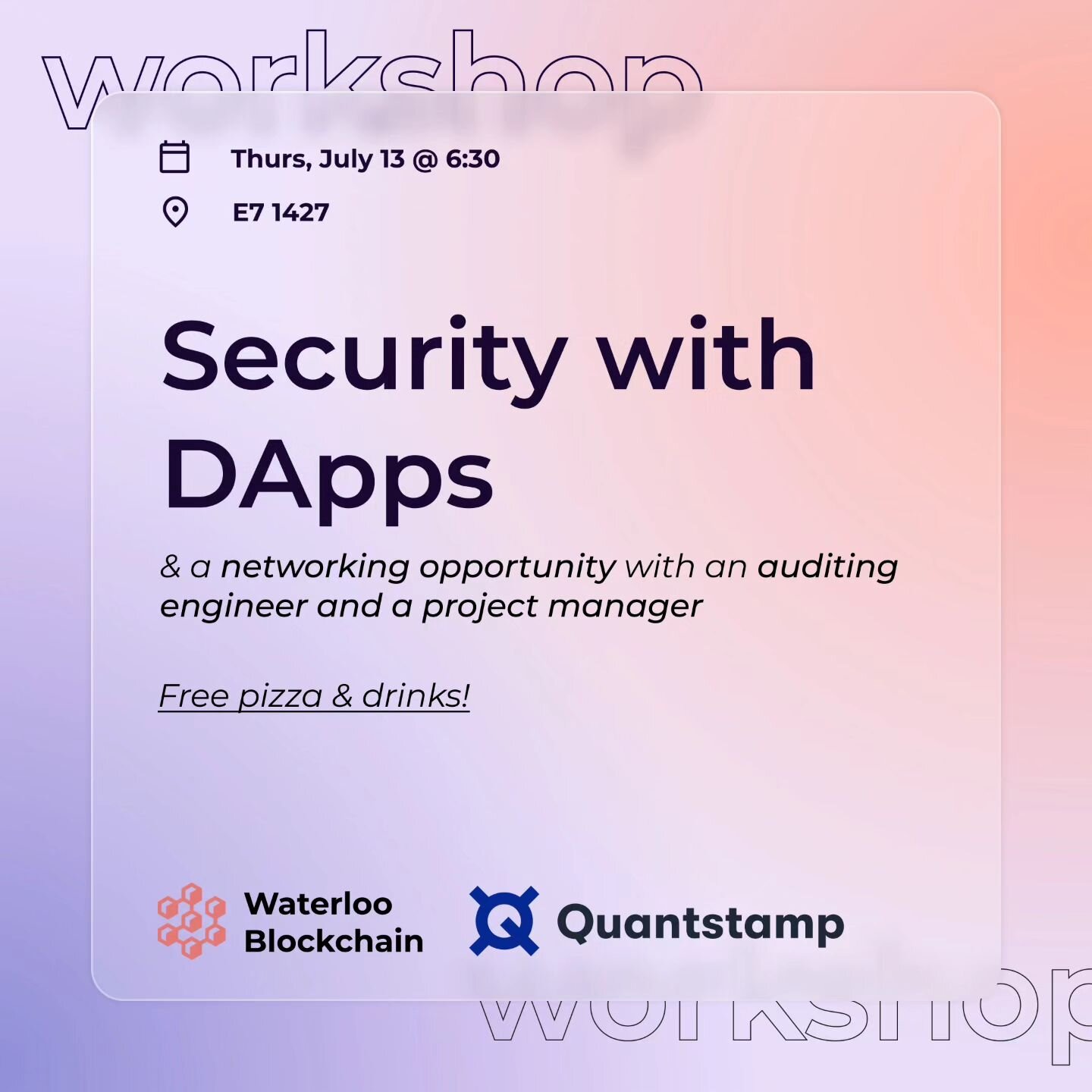 Join us for a thrilling workshop on Security with DApps, hosted by Quantstamp! 😎

📅 Date: July 13th, 2023
⏰ Time: 6.30pm ET
📍 Location: E7 1427 (IDEAs Clinic)

🔒 Learn from the best in the industry as experts from Quantstamp share their insights 