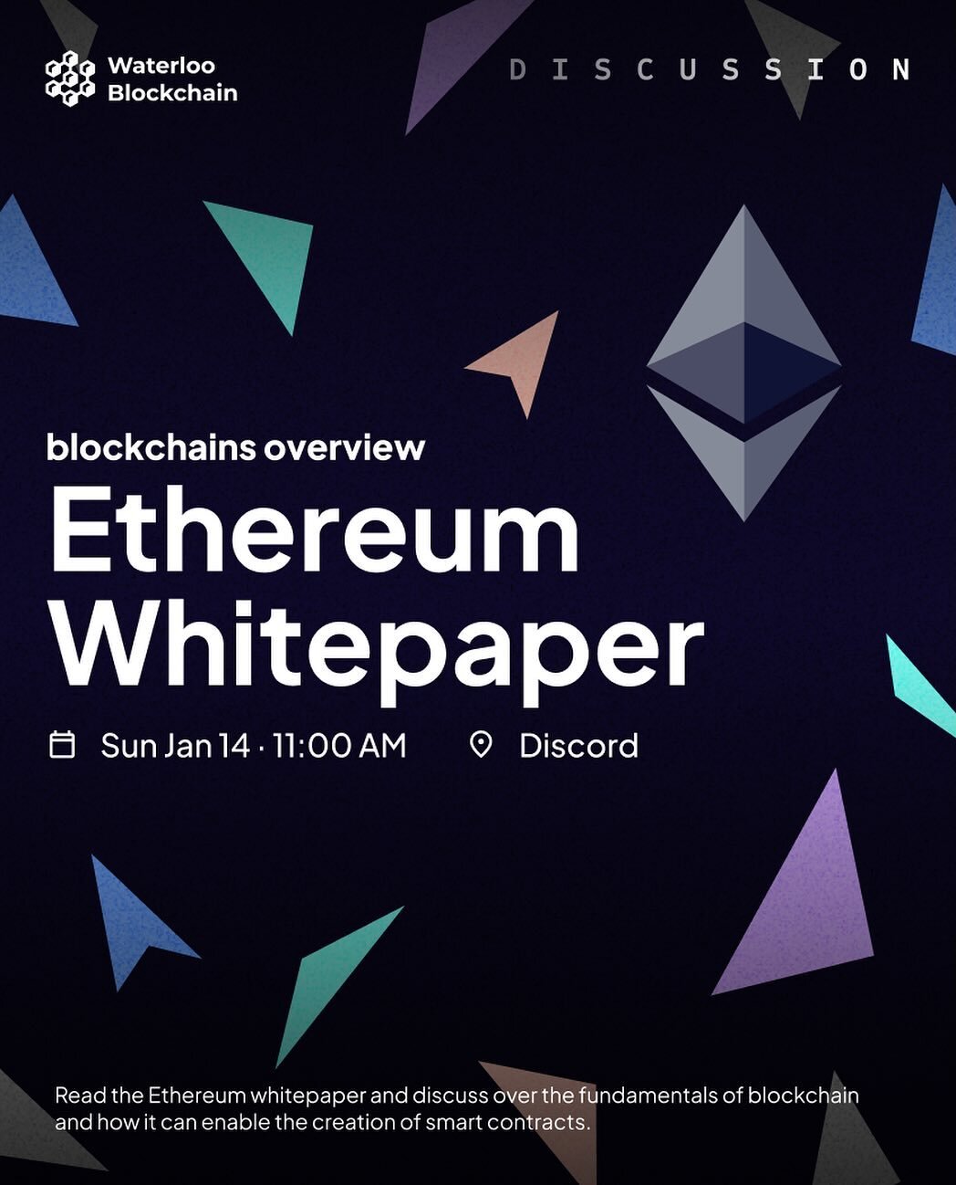 Come learn about the Ethereum Whitepaper this Sunday 11AM!

To prepare yourself for our research discussion circles, here&rsquo;s 3 things to do prior to the session:

1. Read the Ethereum whitepaper and come prepared with small list of pros &amp; co