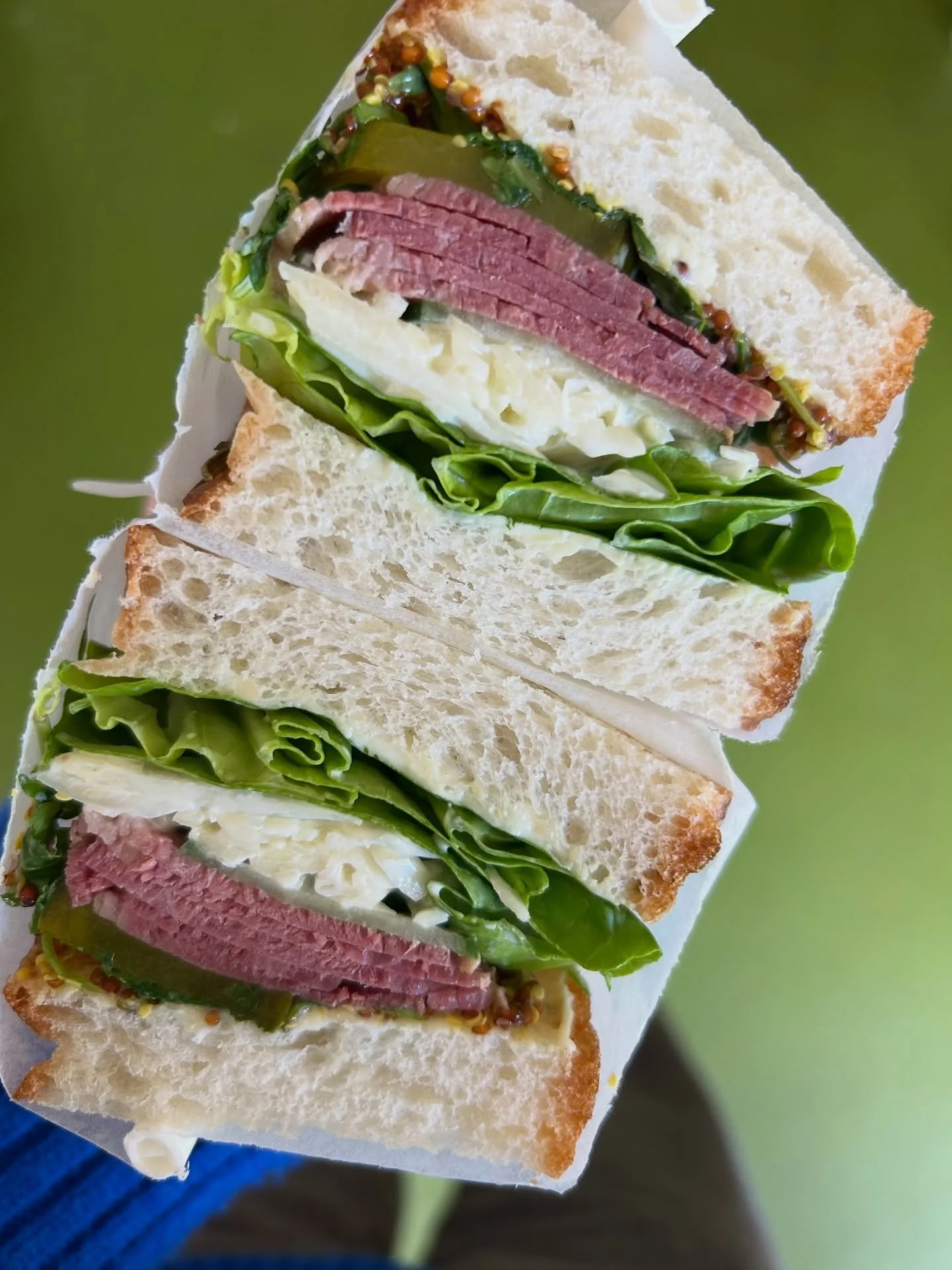 Home-made salt beef + bread &amp; butter pickles + wholegrain mustard + &lsquo;slaw + butterhead lettuce. 

All between two slices of rosemary &amp; sea salt focaccia.

On the counter today &amp; in the meal deal. 

Here &lsquo;til 4 🌞