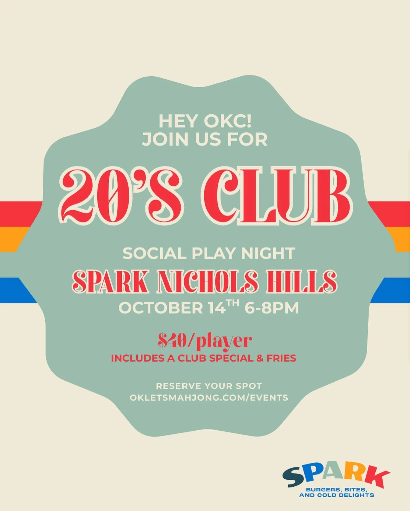 Calling all OKC twenty-somethings looking for community! 

Join us for a night of mahjong, good food, and new friends! The 20&rsquo;s Mahj Club open play is back again &gt;&gt;&gt; this time at @eatatspark 🍔🥤🀄️

October 14th | 6-8PM | @eatatspark 