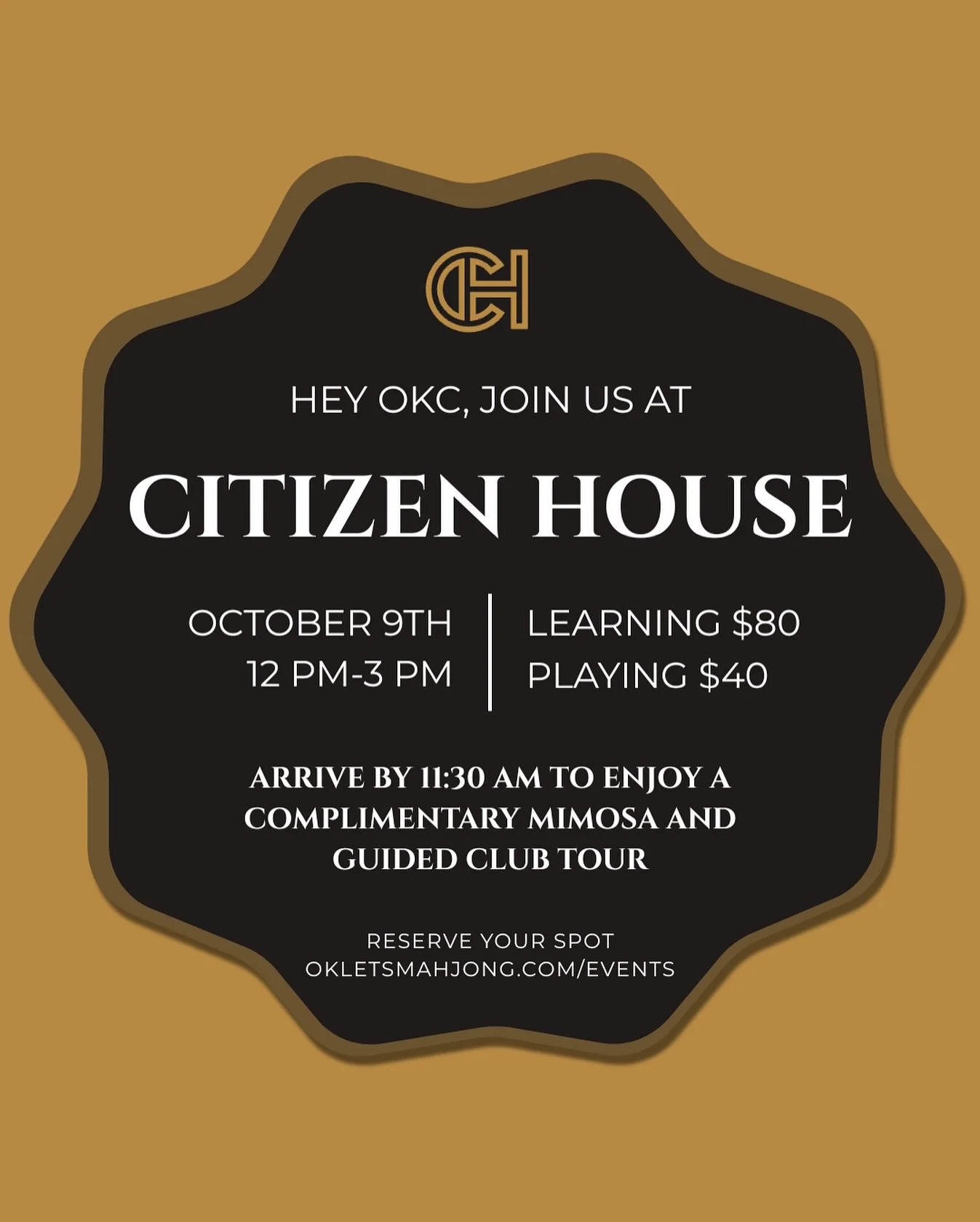 @okletsmahjong x @citizenhouseokc is NOW open for booking! ✨✨✨ 

Citizen House is opening up their doors to non members for this event! Join us for a complimentary mimosa, a guided tour of the club, great food, and some mahjong! 

Please arrive by 11
