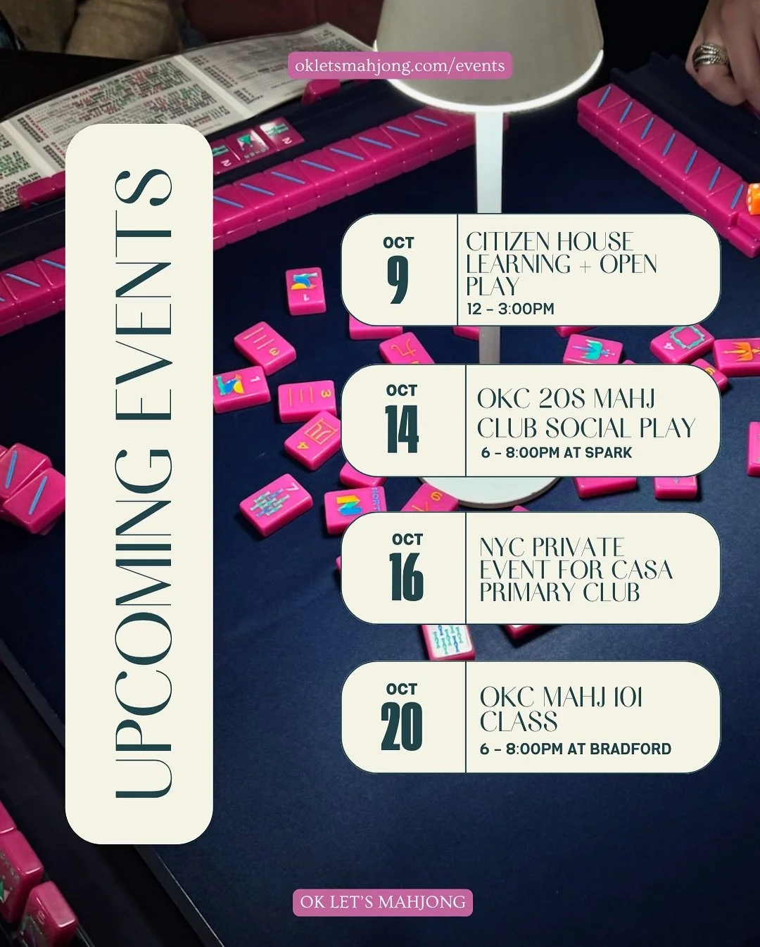 October lineup is stacked! 💞🍂 

This is where we&rsquo;ll be&mdash; come join us for a game (or a few!) 

Book your spots at okletsmahjong.com/events