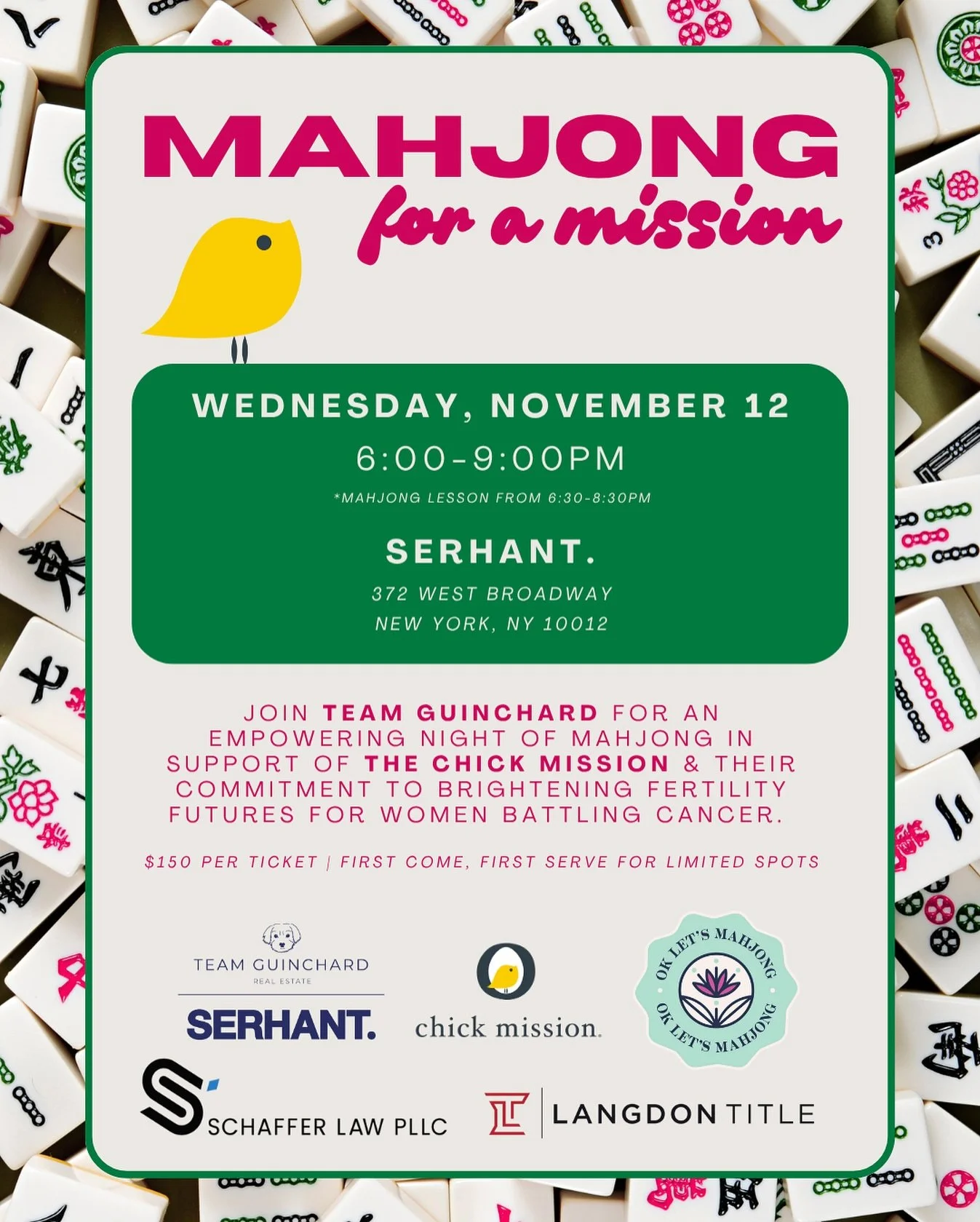 🀄️Mahjong for a Mission🀄️
 Join us for a special night of mahjong in support of @thechickmission &mdash; empowering and brightening fertility futures for women battling cancer.

📍 SERHANT. | 372 West Broadway, NYC 🗓 Wednesday, November 12 | 6&nda