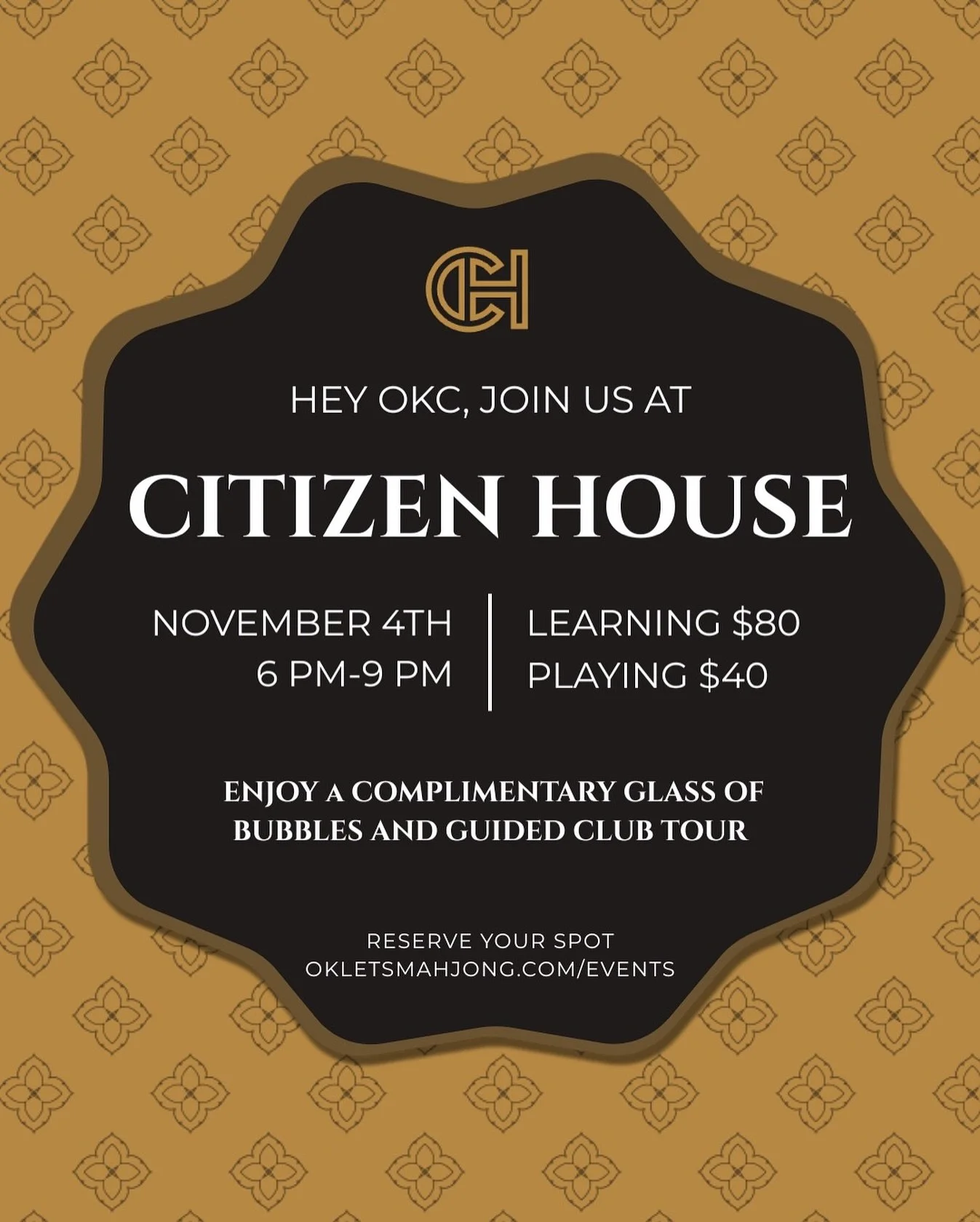 ✨ ROUND TWO! ✨ @okletsmahjong x @citizenhouseokc is back on November 4th &mdash; and you&rsquo;re invited!

Citizen House is once again opening their doors to non-members for an evening of community, cocktails, and mahjong! 🀄️ 

Enjoy a complimentar