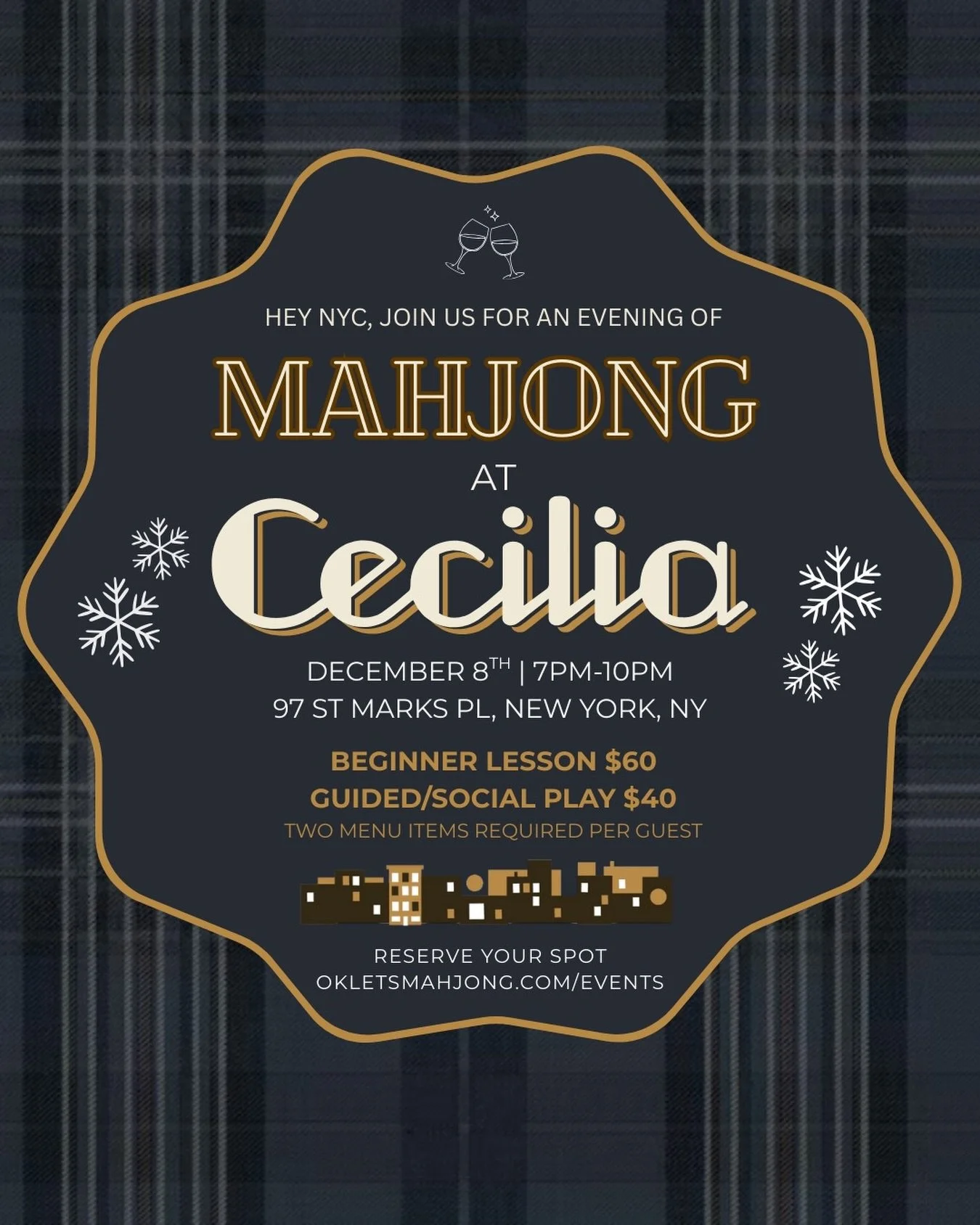 NYC! Join us for an evening of mahjong at @cecilia97nyc in the east village on Monday, December 8th 7-10pm! Sign up for a beginner lesson or guided/social play for those that already know how the basics! Two menu item minimum per guest. Let&rsquo;s g
